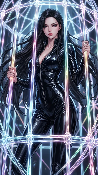 score_9, masterpiece, best quality, ultra-detailed, High-budget Anime Keyframe, East Asian woman. Dynamic full-body shot stretching the vertical silhouette to the limit. Scenario 102: Trapped in a cage of glowing crystalline fibers, body pressing aga