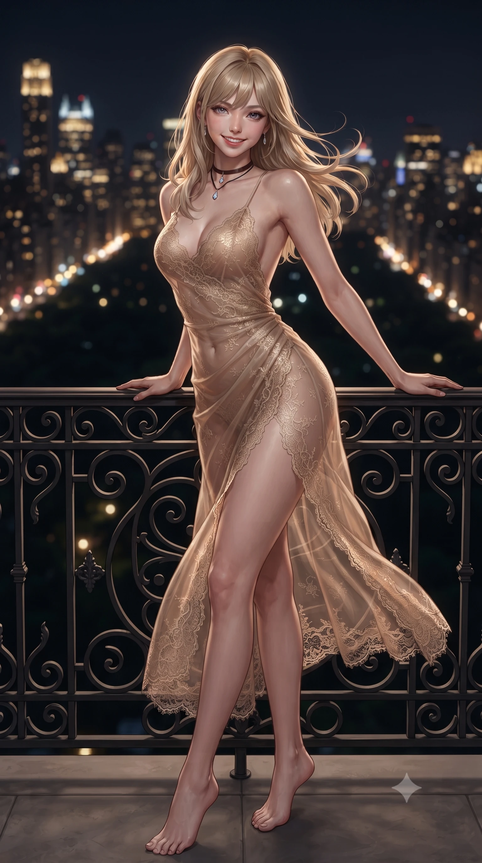 score_9, masterpiece, best quality, ultra-detailed, high-budget anime keyframe, editorial fashion photography, tasteful artistic composition, Japanese woman. low angle full-body shot from head to toe showing her feet, filling the entire 9:16 vertical frame with her statuesque presence, stretching her vertical silhouette. leaning deep against the balcony balustrade with hips cocked back in an unapologetically alluring high-fashion stance, casting an intoxicating glance while leaning against the solid Statuario marble vanity with hips cocked back, looking out over Central Park's dark expanse with smoldering bedroom-eyes. The background shows a soft-focus monumental dark rectangle of Central Park bordered by glittering Fifth Avenue and Central Park West streetlights, skyscraper crowns, and midnight sky blurred into electric gold, platinum, and cobalt bokeh. She has an exceptionally tall and slender model-like 8.5-heads proportion, an ultra-slim waist, a flat toned midriff, narrow delicate ribcage, and beautifully sculpted feminine hips creating a graceful, slim hourglass silhouette without any bulky heaviness, with impossibly long slender legs. sharp v-shaped jawline, high-bridge nose, intricate jewel-like sparkling eyes with depth, thick eyelashes, glossy parted lips with a natural peach sheen, bright cheerful beaming smile with an enchanting and coquettish sensual glint, exuding both youthful cute charm and seductive allure, flawlessly proportioned anatomical accuracy, strict slender model proportions, natural body alignment, perfectly sculpted long slender limbs, ultra-slim waistline, clean dynamic posture without body distortion. wearing an alluring backless sheer organza wrap dress with hip-high slit clinging softly in the Aegean sea breeze in Oia starlight bronze and radiant champagne gold, made of delicate semi-sheer French Chantilly lace with intricate eyelash edges, finished with a thin velvet ribbon choker and a single teardrop diamond pendant, the form-contouring silhouette accentuating her sculpted flat midriff, narrow delicate ribcage, and gracefully curvy hips with intoxicating allure. illuminated by window glass specular bounce and sharp platinum rim lights defining her dewy collarbones, ultra-slim waist, and curvy hips. ultra-reflective glossy finish, specular highlights, rich textural contrasts, high-contrast stereoscopic depth, volumetric dynamic lighting, 2k, ultra detail, master piece, 9:16 ratio