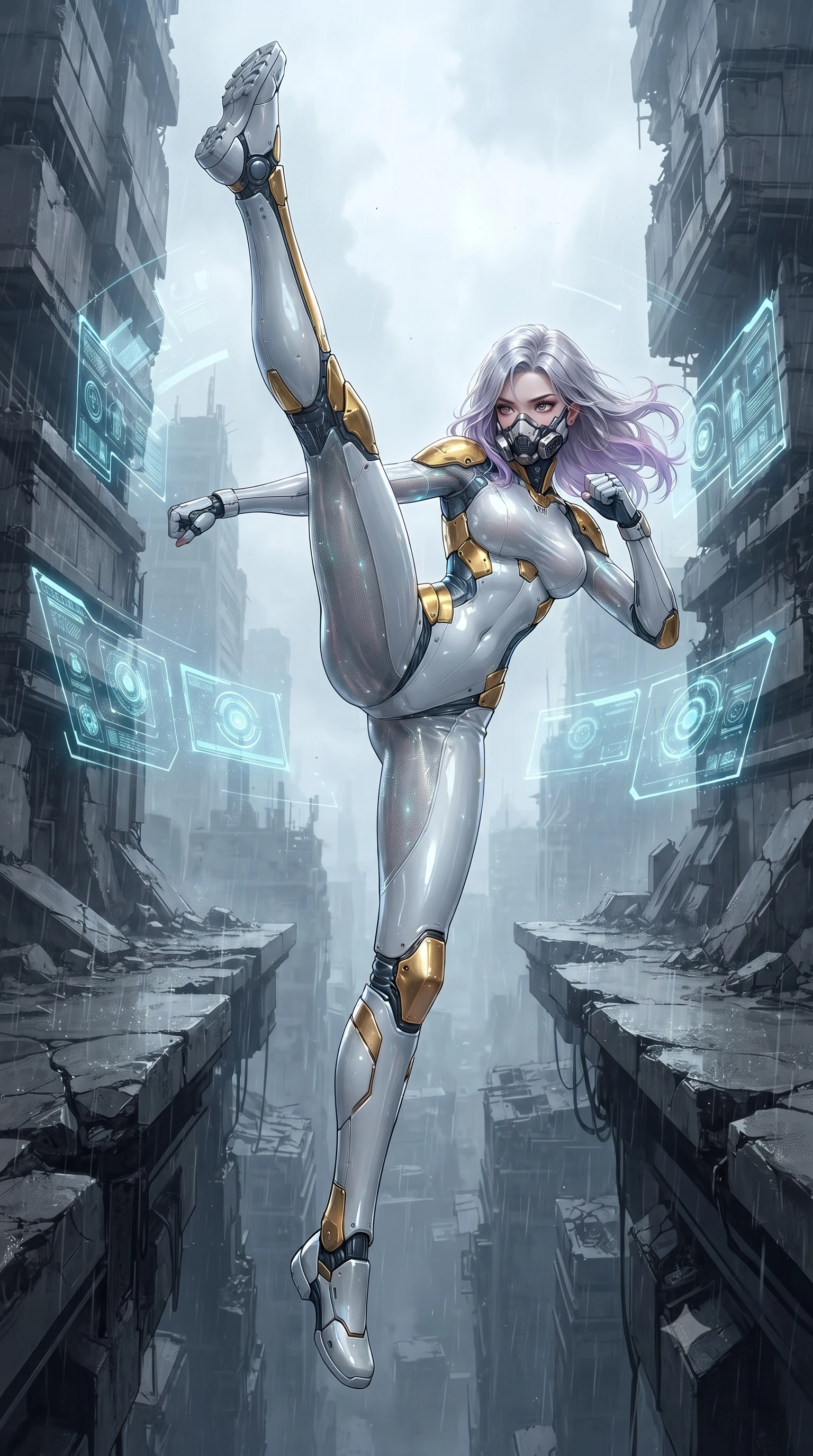 score_9, masterpiece, best quality, ultra-detailed, high-budget anime keyframe, editorial fashion photography, tasteful artistic composition, Caucasian woman. low angle full-body shot from head to toe showing her feet, filling the entire 9:16 vertical frame with her statuesque presence, stretching her vertical silhouette. executing a breathtaking zero-gravity high-kick with full 180-degree vertical extension, her impossibly long slender legs dominating the frame with razor-sharp poise while leaping across a gaping structural chasm between ruined towers with flawless, fearless kinetic martial grace. The surrounding environment is rendered in vivid detail and crisp panoramic clarity. sharp cracked concrete ledge textures, glowing holographic HUD visor glyphs, and rain-slicked carbon armor in deep focus. She has an absolutely perfect, statuesque 8.5-heads proportion, an exceptionally tall and slender model-like female figure with impossibly long slender legs, a toned flat midriff, and an ultra-slim waist. sharp v-shaped jawline, high-bridge nose, intricate jewel-like eyes with depth, thick eyelashes, glossy lips with a natural sheen, fierce and resolute heroine expression, flawlessly proportioned anatomical accuracy, strict slender model proportions, natural body alignment, perfectly sculpted long slender limbs, ultra-slim waistline, clean dynamic posture without body distortion. wearing a sleek titanium half-face combat rebreather guard protecting her lower jaw while leaving her expressive eyes and long hair flowing freely, paired with an ultra-sleek high-gloss carbon-composite exoskeleton suit featuring kinetic shock-absorbing shin guards and flexible limb articulation joints in arctic white carbon composite with scratched solar gold armor plating, crafted from semi-translucent cybernetic carbon-vinyl interwoven with glowing micro-filaments, detailed with kinetic shock-dampening knuckle guards and polished chrome connection joints, the glove-like aerodynamic second-skin fit tightly clinging to her ultra-slender waist and athletic curves without adding bulk, accentuating her razor-sharp statuesque lines and slim hourglass silhouette. surrounded by a majestic, solemn, and fiercely determined lone dystopian savior aura. ultra-reflective glossy finish, specular highlights, dark metallic sheen, high-contrast stereoscopic depth, volumetric dynamic lighting, 2k, ultra detail, master piece, 9:16 ratio