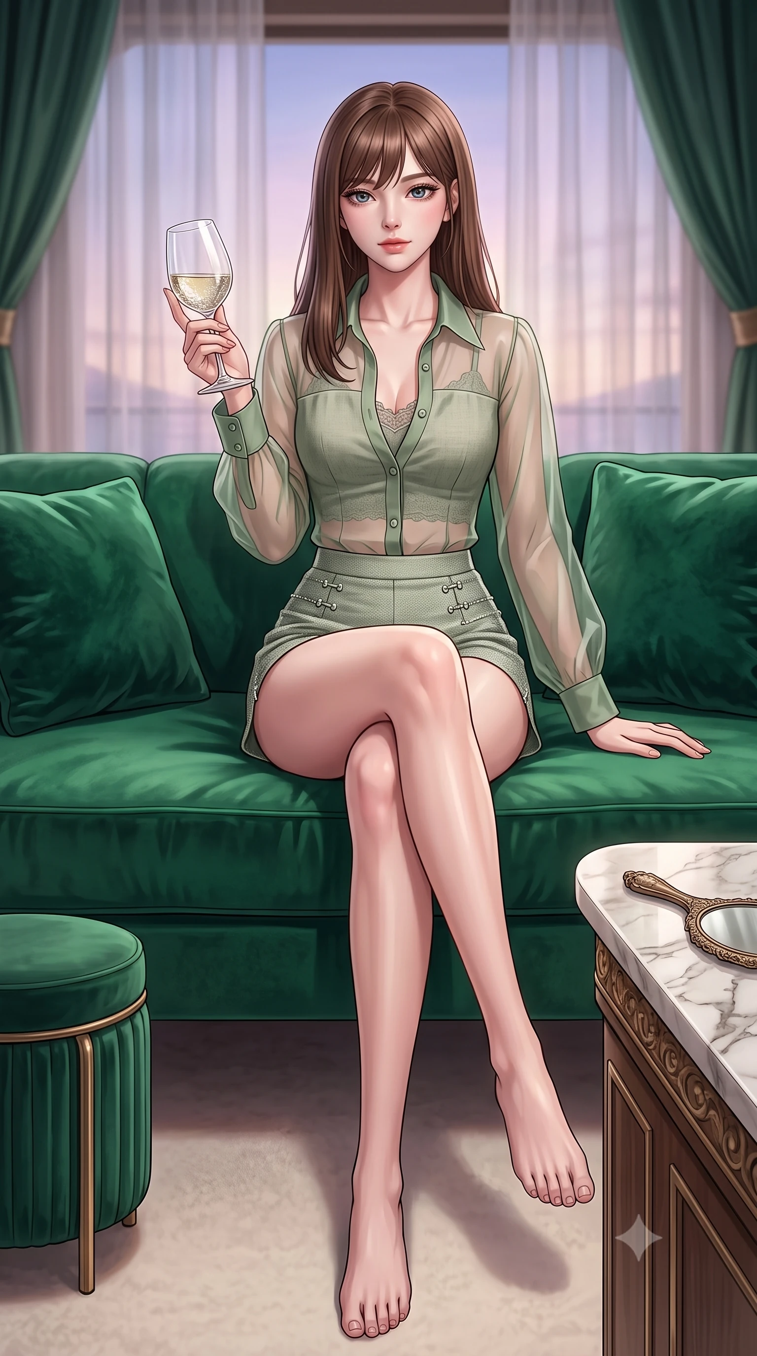 score_9, masterpiece, best quality, ultra-detailed, high-budget anime keyframe, editorial fashion photography, tasteful artistic composition, Korean woman. low angle full-body shot from head to toe showing her feet, filling the entire 9:16 vertical frame with her statuesque presence, stretching her vertical silhouette. sitting on a plush velvet sofa with her long slender legs crossed elegantly, gesturing cutely with a wine glass set against a soft-focus background of inside an exclusive yacht cabin with a velvet-wrapped stool and an antique hand mirror resting on a marble counter. She has an absolutely perfect, statuesque 8.5-heads proportion, an exceptionally tall and slender model-like female figure with impossibly long slender legs and an ultra-slim waist. sharp v-shaped jawline, high-bridge nose, intricate jewel-like eyes with depth, thick eyelashes, glossy lips with a natural sheen. wearing slim-fit sage green soft linen sheer organza button-up shirt worn over a lace-accented crop top and high-cut mini shorts accented with delicate silver hardware. softened by diffused twilight glow filtering through sheer chiffon window curtains. highly saturated vibrant anime colors, detailed shading with soft gradients, rich glossy textures, high-contrast stereoscopic depth, volumetric dynamic lighting, master piece, 9:16 ratio