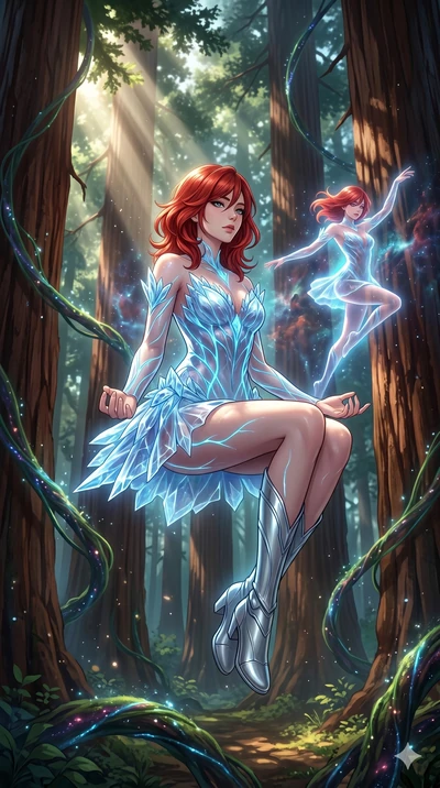 score_9, masterpiece, best quality, ultra-detailed, Set A: High-budget Anime Keyframe, Japanese woman. Low angle cowboy shot filling the entire 9:16 frame with her statuesque presence. Theme: Abstract Cosmic. meditating in a giant redwood forest with