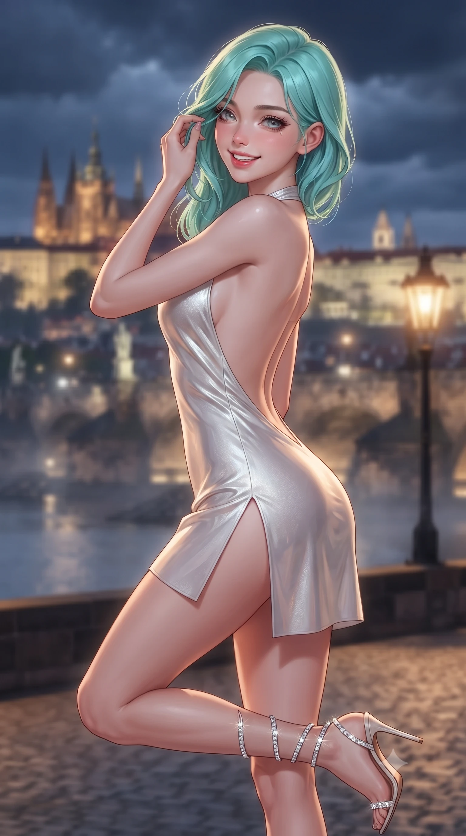score_9, masterpiece, best quality, ultra-detailed, high-budget anime keyframe, editorial fashion photography, tasteful artistic composition, Japanese woman. close-up cowboy shot from the waist and thighs up, the character dominates the composition, filling the frame with her large presence. gently brushing a lock of hair behind her ear while casting a playful, flirtatious side-gaze with long eyelashes while twisting her slender torso in an alluring S-curve, gas streetlight glows from the bridge below tracing her flat midriff and hourglass curves. The background shows a soft-focus illuminated statues of the Charles Bridge spanning the misty Vltava, distant spires of St. Vitus Cathedral against midnight indigo clouds, blurred into topaz, slate, and amber bokeh. She has an exceptionally elegant, slender, and willowy female figure with an ultra-slim waist, flat toned midriff, narrow ribcage, and sculpted feminine hips creating an alluring, slim hourglass silhouette without bulk. sharp v-shaped jawline, high-bridge nose, intricate jewel-like sparkling eyes with depth, thick eyelashes, glossy parted lips with a natural peach sheen, bright cheerful beaming smile with an enchanting and coquettish sensual glint, exuding both youthful cute charm and seductive allure, flawlessly proportioned anatomical accuracy, strict slender model proportions, natural body alignment, perfectly sculpted long slender limbs, ultra-slim waistline, clean dynamic posture without body distortion. wearing a provocative backless halterneck silk lamé mini dress with deep scoop back down to her lower spine and thigh-high slit in pure translucent crystal white and liquid platinum, crafted from bespoke double-faced cashmere with an exceptionally soft tactile finish, complemented by strappy stiletto sandals with crystal ankle wraps accentuating her slender calves, the glove-like clinging cut tightly following the natural contour of her hips and long slender legs with youthful 8.5-heads elegance. bathed in the romantic amber 2200K glow of street gas lamps below mixed with cool silver moonlight on river water. ultra-reflective glossy finish, specular highlights, rich textural contrasts, high-contrast stereoscopic depth, volumetric dynamic lighting, 2k, ultra detail, master piece, 9:16 ratio