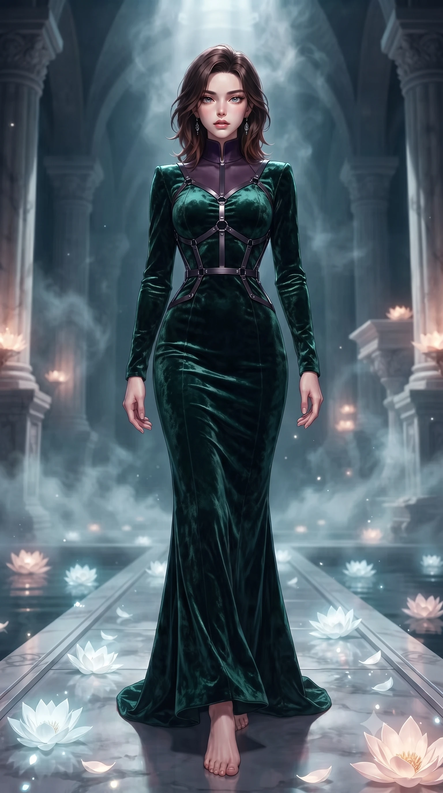 score_9, masterpiece, best quality, ultra-detailed, high-budget anime keyframe, editorial fashion photography, tasteful artistic composition, Korean woman. low angle full-body shot from head to toe showing her feet, filling the entire 9:16 vertical frame with her statuesque presence, stretching her vertical silhouette. forging confidently through the floating mist, holding a poised statuesque stance, poised on an alabaster walkway flooded with cold silver moonbeams, floating white lotus petals emitting a subtle ghostly white glow. She has an absolutely perfect, statuesque 8.5-heads proportion, an exceptionally tall and slender model-like female figure with impossibly long slender legs and an ultra-slim waist. sharp v-shaped jawline, high-bridge nose, intricate jewel-like eyes with depth, thick eyelashes, glossy lips with a natural sheen. wearing long-sleeved dark emerald satin gown with high structured collar in dark plum violet, made of crushed dark silk velvet, highlighted by a gunmetal metallic harness structure, the fitted fabric emphasizing her ultra-slim waist. bathed in subtle lotus bioluminescence and bright marble highlights. highly saturated vibrant anime colors, detailed shading with soft gradients, rich glossy textures, high-contrast stereoscopic depth, volumetric dynamic lighting, master piece, 9:16 ratio