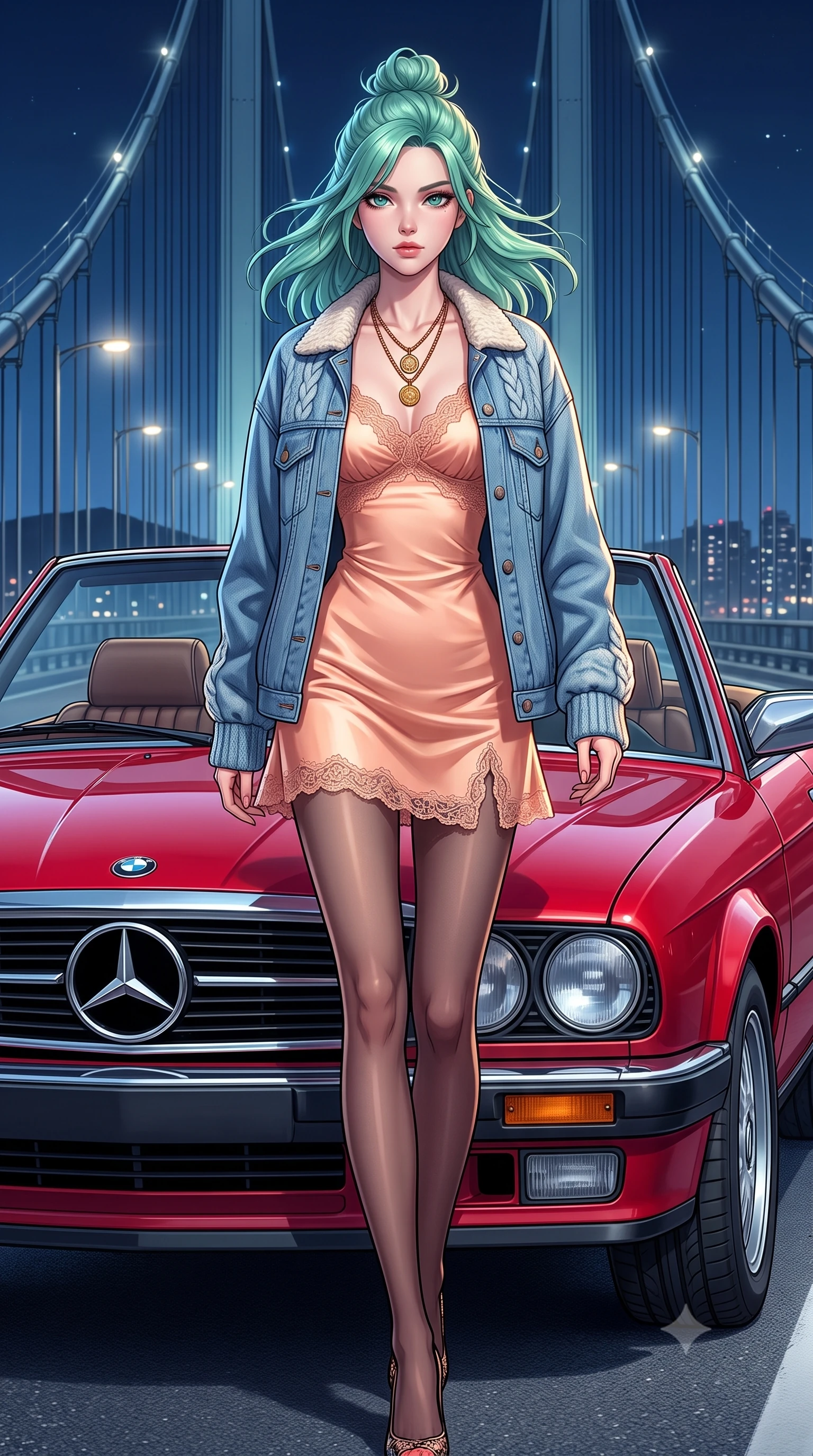 score_9, masterpiece, best quality, ultra-detailed, high-budget anime keyframe, semi-realistic 3D game render, editorial fashion photography, tasteful artistic composition, Japanese woman. low angle full-body shot from head to toe showing her feet, filling the entire 9:16 vertical frame with her statuesque presence, stretching her vertical silhouette. striding forward in a proud, dynamic supermodel runway stride, her statuesque vertical silhouette commanding the entire frame while leaning against the hood of a cherry-red vintage 1980s convertible parked on a coastal suspension bridge at midnight. The surrounding environment is rendered in vivid detail and crisp panoramic clarity. sharp chrome car emblem reflections, leather upholstery stitching, and bridge steel rivets in deep focus. She has an absolutely perfect, statuesque 8.5-heads proportion, an exceptionally tall and slender model-like female figure with impossibly long slender legs, a toned flat midriff, and an ultra-slim waist. sharp v-shaped jawline, high-bridge nose, intricate jewel-like eyes with depth, thick eyelashes, glossy lips with a natural sheen, captivating and magnetic expression, flawlessly proportioned anatomical accuracy, strict slender model proportions, natural body alignment, perfectly sculpted long slender limbs, ultra-slim waistline, clean dynamic posture without body distortion. wearing a romantic 90s silk satin slip dress layered under an unbuttoned vintage oversized denim jacket in soft peach and French sky blue, knitted from soft cozy lambswool yarn with cable-knit textures, accented with a vintage gold coin pendant necklace and dark sheer tights, the sleek tailored cut tightly hugging her graceful clavicle, narrow waist, and feminine curves with statuesque precision. illuminated by crisp metallic reflections tracing her ultra-slim waistline, collarbones, and long legs. highly saturated vibrant anime colors, detailed shading with soft gradients, rich glossy textures, high-contrast stereoscopic depth, volumetric dynamic lighting, master piece, 9:16 ratio
