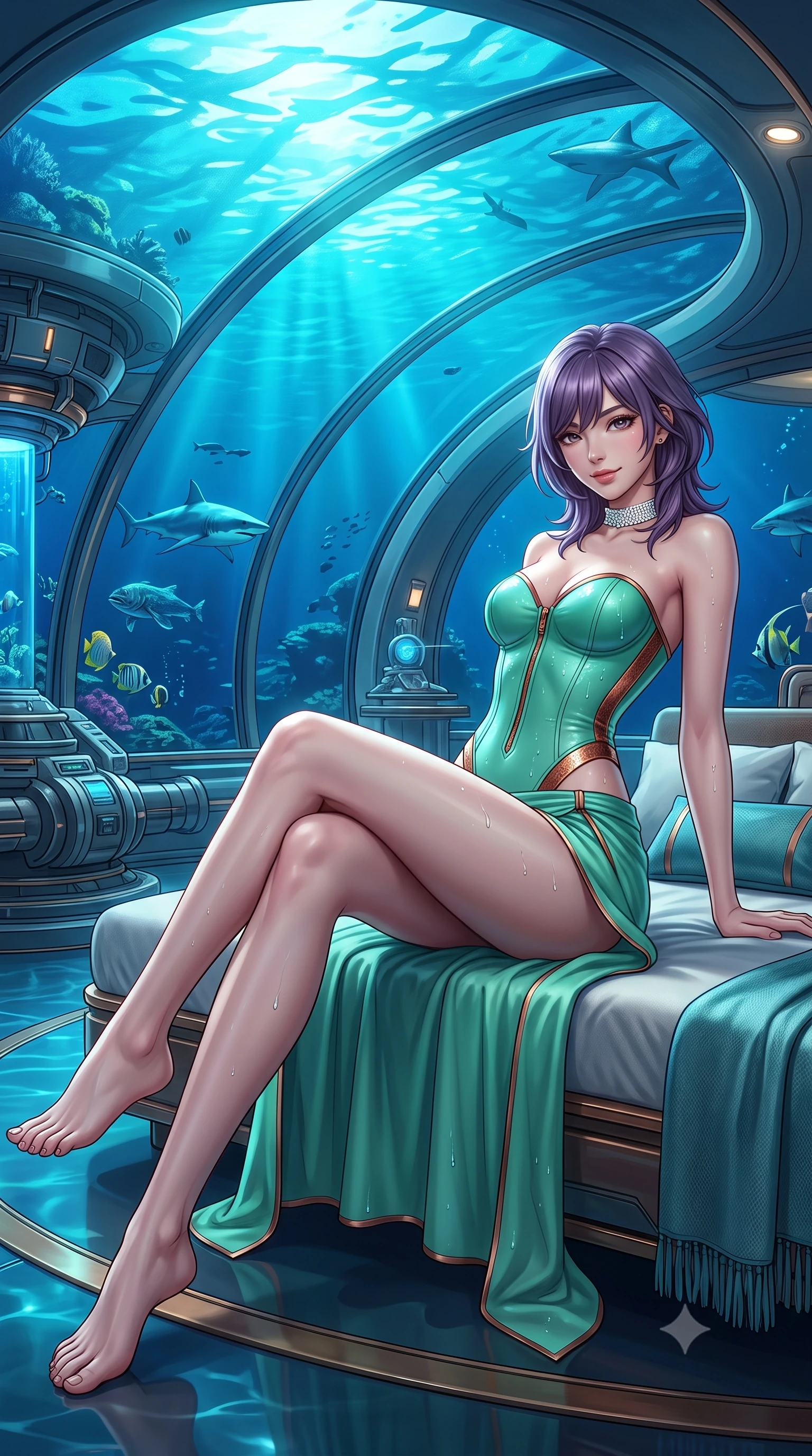 score_9, masterpiece, best quality, ultra-detailed, high-budget anime keyframe, semi-realistic 3D game render, editorial fashion photography, tasteful artistic composition, Japanese woman. low angle full-body shot from head to toe showing her feet, filling the entire 9:16 vertical frame with her statuesque presence, stretching her vertical silhouette. lounging on the lavish daybed with legs crossed and hips angled toward the camera, displaying her toned midriff and long slender limbs with effortless siren poise while standing poised beneath the 180-degree curved acrylic ceiling five meters beneath the ocean surface, arching her spine with breathtaking siren elegance. The surrounding environment is rendered in vivid detail and crisp panoramic clarity: detailed strapless boned corset gown weave, diamond choker shine, and futuristic marine engineering in razor-sharp precision. She has an absolutely perfect, statuesque 8.5-heads proportion, an exceptionally tall and slender model-like female figure with impossibly long slender legs, an ultra-slim waist, a flat toned midriff, narrow delicate ribcage, and beautifully sculpted feminine hips creating a graceful, slim hourglass silhouette without any bulky heaviness. sharp v-shaped jawline, high-bridge nose, sparkling eyes with hypnotic seductive depth, thick curled eyelashes, glossy parted lips with a natural dewy peach sheen, alluring bedroom-eyes with an enchanting coquettish smile, exuding magnetic siren charisma and sophisticated glamour, flawlessly proportioned anatomical accuracy, strict slender model proportions, natural body alignment, perfectly sculpted long slender limbs, ultra-slim waistline, clean dynamic posture without body distortion. wearing a form-contouring wet-look neoprene zip-front maillot with high-cut leg openings and gold racing side trims in Moroccan mint green and hammered copper, tailored from fine structural neoprene with crisp architectural edges and smooth contouring, finished with glistening drops of lagoon or spa water beading across her sculpted shoulders and collarbones, the high-slit wrap tailoring accentuating her ultra-slim waistline and the enchanting curve of her feminine hips with alluring seductive charm. bathed in ethereal undulating cyan and deep-blue aquatic light filtering through exterior ocean floodlights. highly saturated vibrant anime colors, detailed shading with soft gradients, rich glossy textures, high-contrast stereoscopic depth, volumetric dynamic lighting, master piece, 9:16 ratio