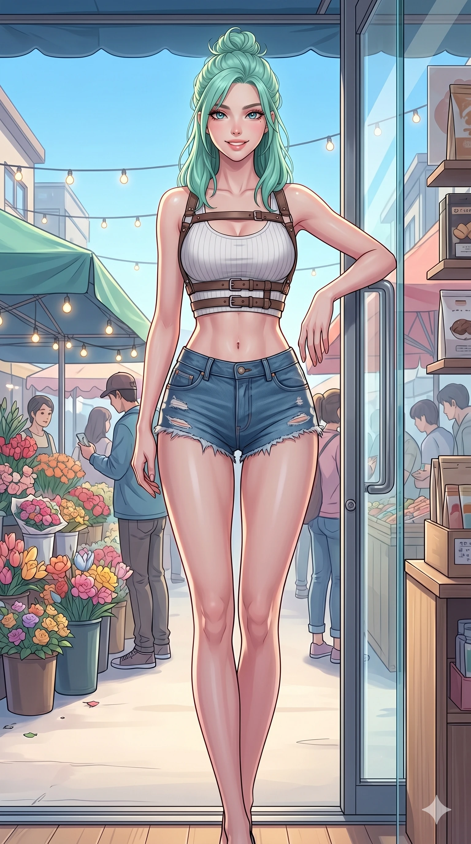 score_9, masterpiece, best quality, ultra-detailed, high-budget anime keyframe, vibrant anime aesthetic, Japanese woman. cowboy shot from the thighs up, character and outfit filling the frame for maximum presence. She is leaning against a glass door, looking at the camera with a bright, friendly smile by a vibrant outdoor market with flower stalls (Code-P20-107). She has an absolutely perfect 8-heads proportion, an exceptionally tall and slender female figure with impossibly long slender legs and an ultra-slim waist. V-shaped jawline, high-bridge nose, intricate jewel-like eyes with depth, thick eyelashes, glossy lips with a natural sheen. wearing a harness over a crop top with exposed midriff and micro-shorts. She is soft glowing ambient light from a clear blue sky, highlighting her V-shaped jawline. 2k, ultra detail, master piece, 9:16 ratio