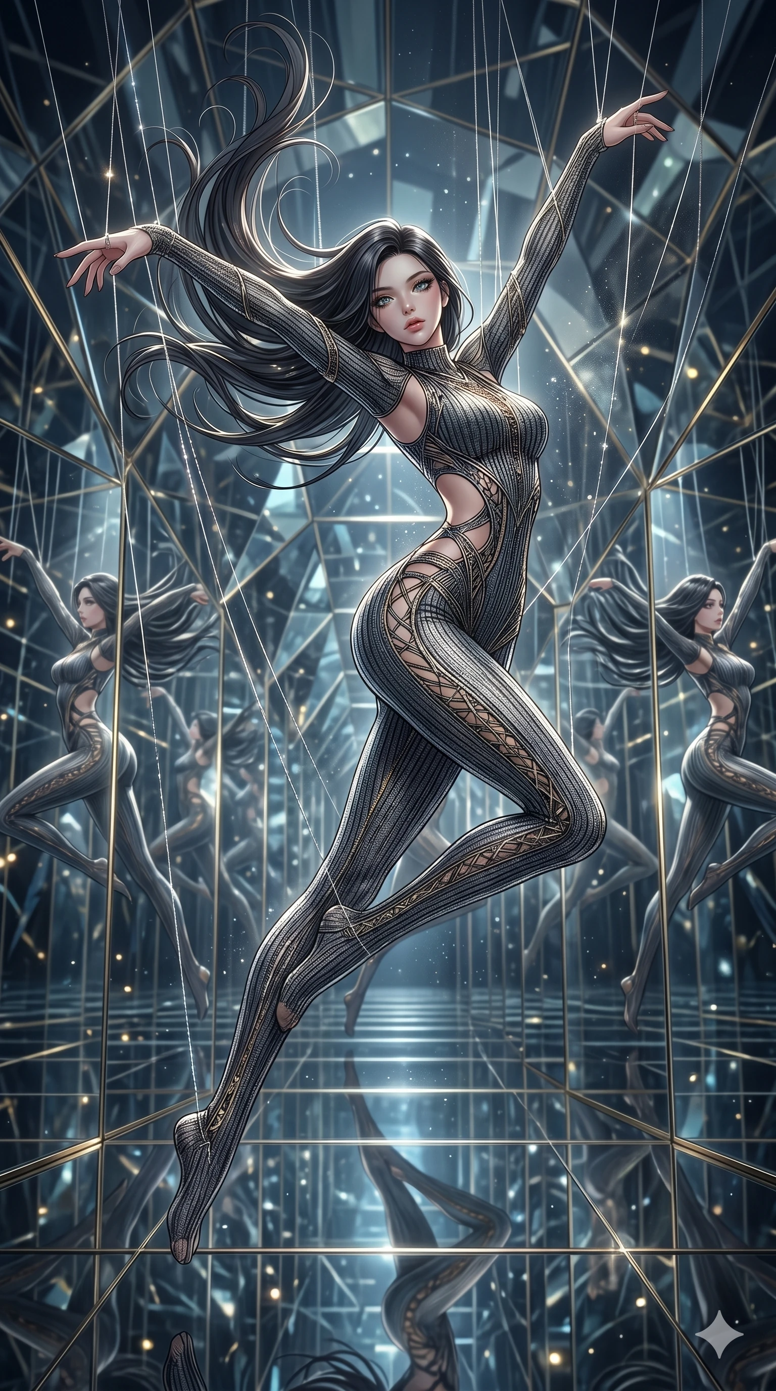 score_9, masterpiece, best quality, ultra-detailed, High-budget Anime Keyframe, East Asian woman. Dynamic full-body shot stretching the vertical silhouette to the limit. Scenario 146: Suspended by invisible silk threads in a hall of mirrors. Her presence is magnetic and overpowering in this high-budget anime scene. Outfit 146: A ribbed bodycon knit mesh with a strategic side cut-outs and tight-fitting silhouette. The clothing is designed to emphasize her exceptionally tall and slender 8-heads proportion. 8-heads proportion, towering silhouette, ultra-slim waist. sharp v-shaped jawline, intricate jewel-like eyes with depth, thick eyelashes, glossy lips. 2k, ultra detail, master piece, 9:16 ratio