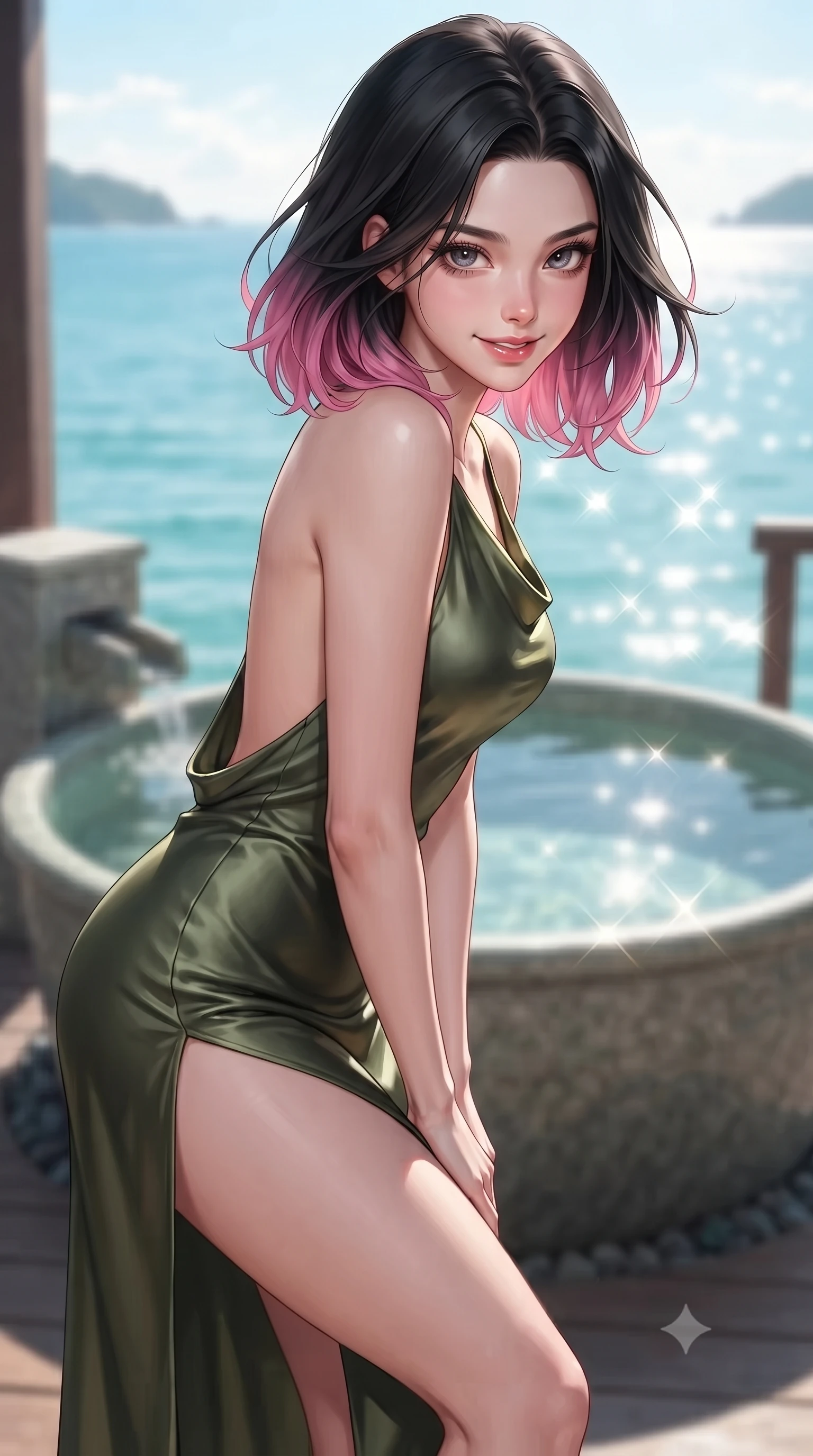 score_9, masterpiece, best quality, ultra-detailed, high-budget anime keyframe, editorial fashion photography, tasteful artistic composition, Korean woman woman. close-up cowboy shot from the waist and thighs up, the character dominates the composition, filling the frame with her large presence, background elements kept in soft focus. leaning slightly forward with a playful, teasing smile, her gaze locked onto the viewer the background shows a soft-focus a stone bath tub on a private deck overlooking a quiet bay with turquoise water. She has an exceptionally elegant, slender, and willowy female figure with an ultra-slim waist, a gracefully sculpted slender torso, and a refined silhouette. sharp v-shaped jawline, high-bridge nose, intricate jewel-like eyes with depth, thick eyelashes, glossy lips with a natural sheen. wearing a slim-fit dramatic open-back maxi dress in olive green, featuring a high thigh slit. bright morning sun rays creating sparkling glints on the sea and water tub. ultra-reflective glossy finish, specular highlights, metallic sheen, high-contrast stereoscopic depth, volumetric dynamic lighting, 2k, ultra detail, master piece, 9:16 ratio