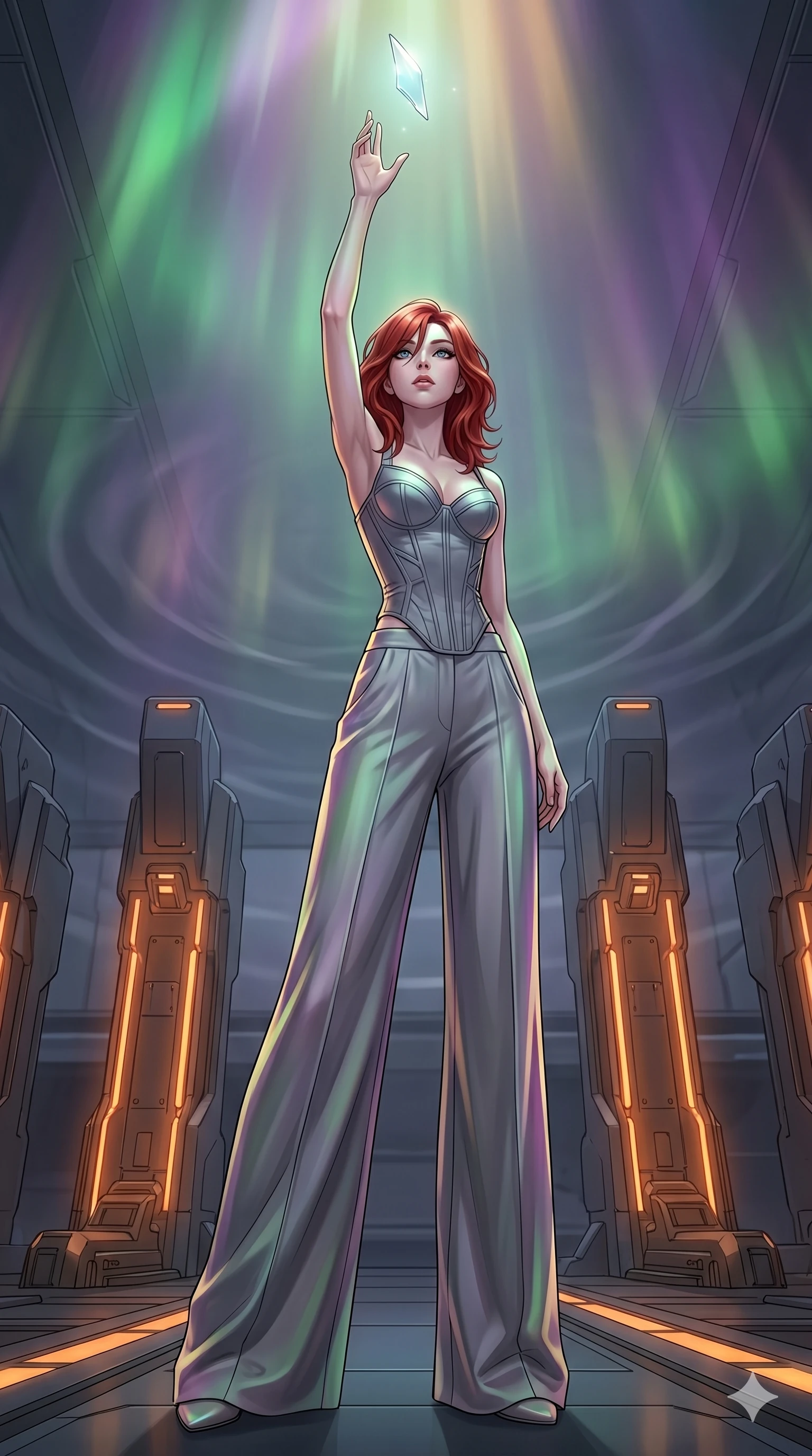 score_9, masterpiece, best quality, ultra-detailed, high-budget anime keyframe, editorial fashion photography, tasteful artistic composition, Korean woman. low angle full-body shot from head to toe showing her feet, filling the entire 9:16 vertical frame with her statuesque presence, stretching her vertical silhouette. Reaching upward with one hand toward a floating shard of light, her body fully elongated within a cybernetic drone hangar with charging docks glowing with orange light, as gravity waves create subtle ripples in the atmospheric background. She has an absolutely perfect 8-heads proportion, an exceptionally tall and slender female figure with impossibly long slender legs and an ultra-slim waist. V-shaped jawline, high-bridge nose, intricate jewel-like eyes with depth, thick eyelashes, glossy lips with a natural sheen. wearing a structured titanium-gray bustier top paired with flowing wide-leg silk palazzo trousers. illuminated by a shifting aurora palette of green, violet, and gold from above, wrapping her in color. 2k, ultra detail, master piece, 9:16 ratio