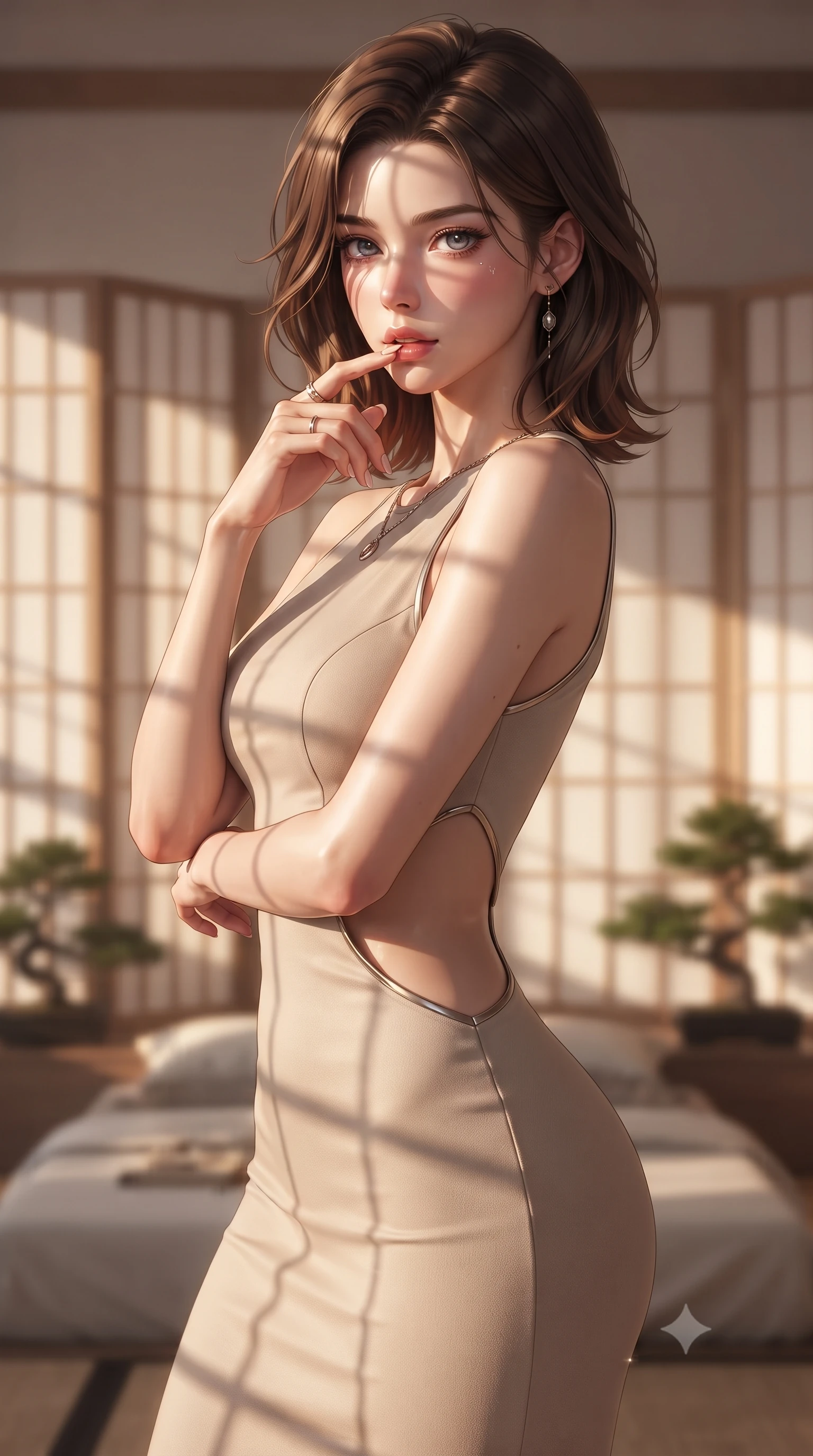 score_9, masterpiece, best quality, ultra-detailed, high-budget anime keyframe, editorial fashion photography, tasteful artistic composition, Korean woman woman. close-up cowboy shot from the waist and thighs up, the character dominates the composition, filling the frame with her large presence, background elements kept in soft focus. pressing one finger to her bottom lip in a thoughtful, seductive gesture under the warm sun the background shows a soft-focus a modern bedroom decorated with folding paper screens and bonsai plants. She has an exceptionally elegant, slender, and willowy female figure with an ultra-slim waist, a gracefully sculpted slender torso, and a refined silhouette. sharp v-shaped jawline, high-bridge nose, intricate jewel-like eyes with depth, thick eyelashes, glossy lips with a natural sheen. wearing a form-contouring summer vacation dress in soft beige with dramatic architectural waist cutouts and a low back. warm glowing paper lanterns casting soft, diffused grid-like shadow lines. ultra-reflective glossy finish, specular highlights, metallic sheen, high-contrast stereoscopic depth, volumetric dynamic lighting, 2k, ultra detail, master piece, 9:16 ratio