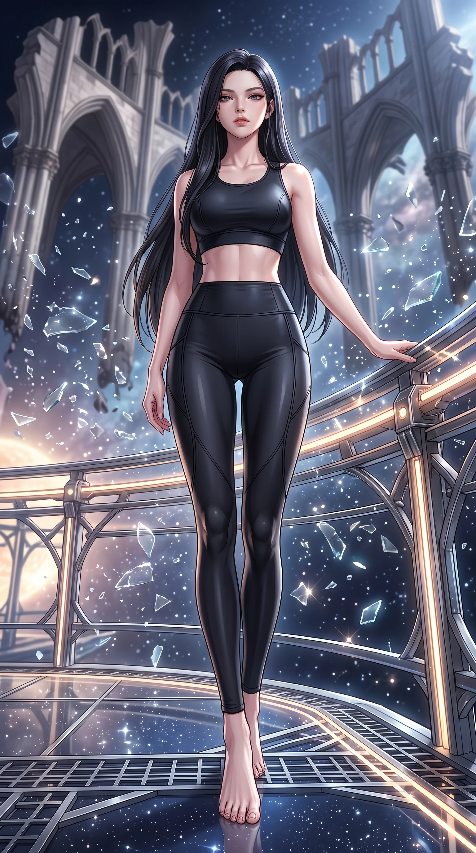 score_9, masterpiece, best quality, ultra-detailed, high-budget anime keyframe, editorial fashion photography, tasteful artistic composition, Korean woman. low angle full-body shot from head to toe showing her feet, filling the entire 9:16 vertical frame with her statuesque presence, stretching her vertical silhouette. standing in a tall, confident posture with one hand on a glowing metal railing, stretching her statuesque body, the background shows a soft-focus ruined gothic cathedral arches in orbit with floating glass debris. She has an absolutely perfect, statuesque 8.5-heads proportion, an exceptionally tall and slender model-like female figure with impossibly long slender legs and an ultra-slim waist. sharp v-shaped jawline, high-bridge nose, intricate jewel-like eyes with depth, thick eyelashes, glossy lips with a natural sheen. wearing a tailored form-fitting athletic crop top and matching high-waisted compression leggings in sleek carbon-black tech fabric. starlight reflecting off floating glass fragments wrapping her in a glow. highly saturated vibrant anime colors, detailed shading with soft gradients, rich glossy textures, high-contrast stereoscopic depth, volumetric dynamic lighting, master piece, 9:16 ratio