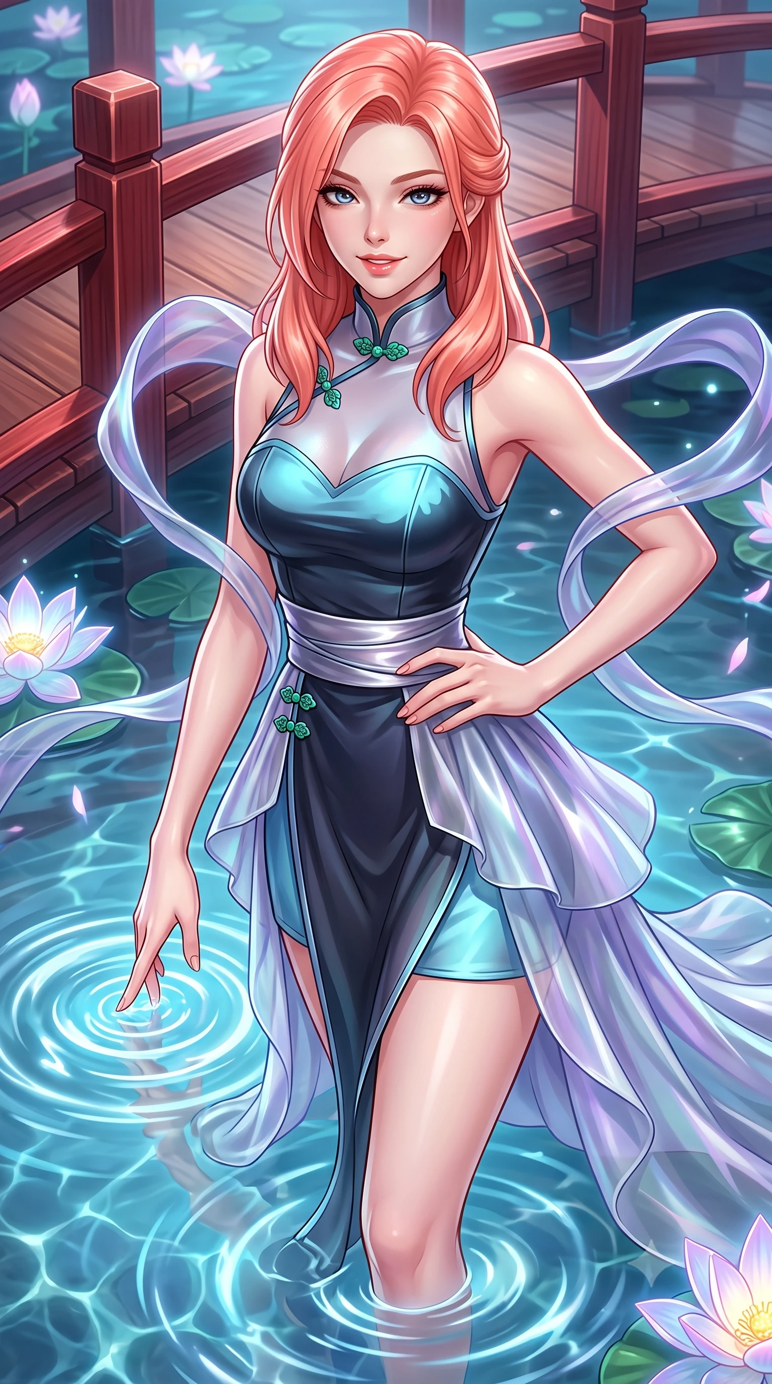 score_9, masterpiece, best quality, ultra-detailed, high-budget anime keyframe, semi-realistic 3D game render, editorial fashion photography, tasteful artistic composition, Japanese woman. close-up cowboy shot from the waist and thighs up, the character dominates the composition, filling the frame with her large presence. smiling with subtle, enchanting allure and glossy parted lips, one hand resting on her waist with effortless supermodel poise while dipping her fingertips playfully into the crystal pond, sending luminescent ripple rings spreading through the water. The surrounding environment is rendered in vivid detail and crisp panoramic clarity. sharp lacquered wooden bridge railings, glowing lotus blossom veins, and water ripple caustics in deep focus. She has an exceptionally elegant, slender, and willowy female figure with an ultra-slim waist, a gracefully sculpted slender torso, toned flat midriff, and a refined slim silhouette. sharp v-shaped jawline, high-bridge nose, intricate jewel-like eyes with depth, thick eyelashes, glossy lips with a natural sheen, captivating and magnetic expression, flawlessly proportioned anatomical accuracy, strict slender model proportions, natural body alignment, perfectly sculpted long slender limbs, ultra-slim waistline, clean dynamic posture without body distortion. wearing a jade-inlaid silk bustier dress with multi-tiered translucent organza train and metallic sash in dark ink-wash black and radiant moonlight cyan, made of semi-translucent iridescent organza shifting between silver and violet, finished with genuine jade button closures and floating celestial silk ribbons, the glove-like aerodynamic second-skin fit tightly clinging to her ultra-slender waist and athletic curves without adding bulk, accentuating her razor-sharp statuesque lines and slim hourglass silhouette. surrounded by an otherworldly, sacred, and breathtakingly pure moon goddess aura. highly saturated vibrant anime colors, detailed shading with soft gradients, rich glossy textures, high-contrast stereoscopic depth, volumetric dynamic lighting, master piece, 9:16 ratio