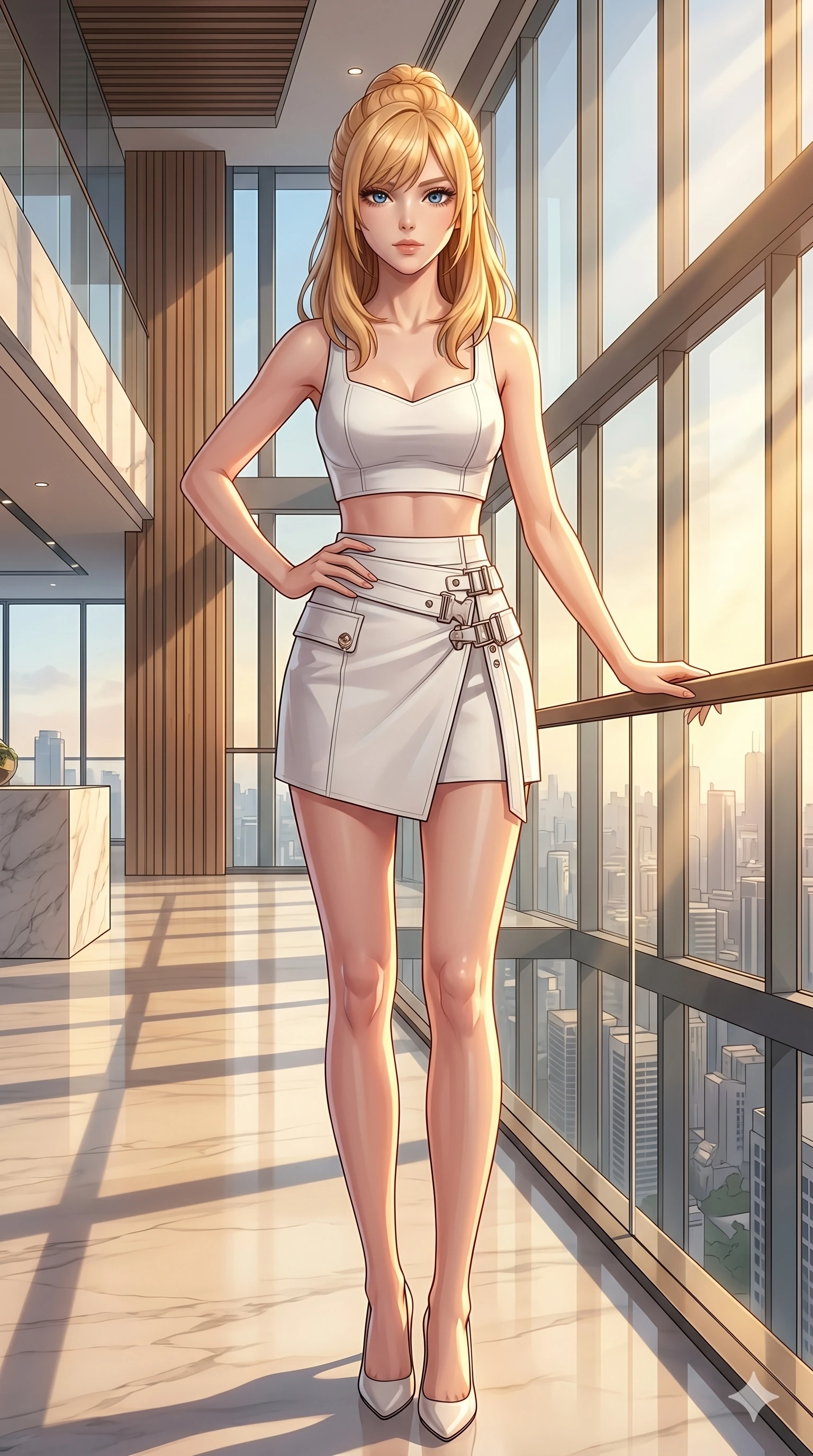 score_9, masterpiece, best quality, ultra-detailed, high-budget anime keyframe, editorial fashion photography, tasteful artistic composition, Caucasian woman, strictly human ears. cowboy shot from the thighs up, character and outfit filling the frame for maximum editorial presence. posing with bright, confident self-assurance, her expression full of power standing in a modern penthouse with high ceilings and glass walls. She has an absolutely perfect 8-heads proportion, an exceptionally tall and slender female figure with impossibly long slender legs and an ultra-slim waist. V-shaped jawline, high-bridge nose, intricate jewel-like eyes with depth, thick eyelashes, glossy lips with a natural sheen. wearing a structured white crop top and high-waisted wrap skirt with metallic buckle details. bathed in warm afternoon sunbeams casting long, soft shadows across the penthouse floor. 2k, ultra detail, master piece, 9:16 ratio