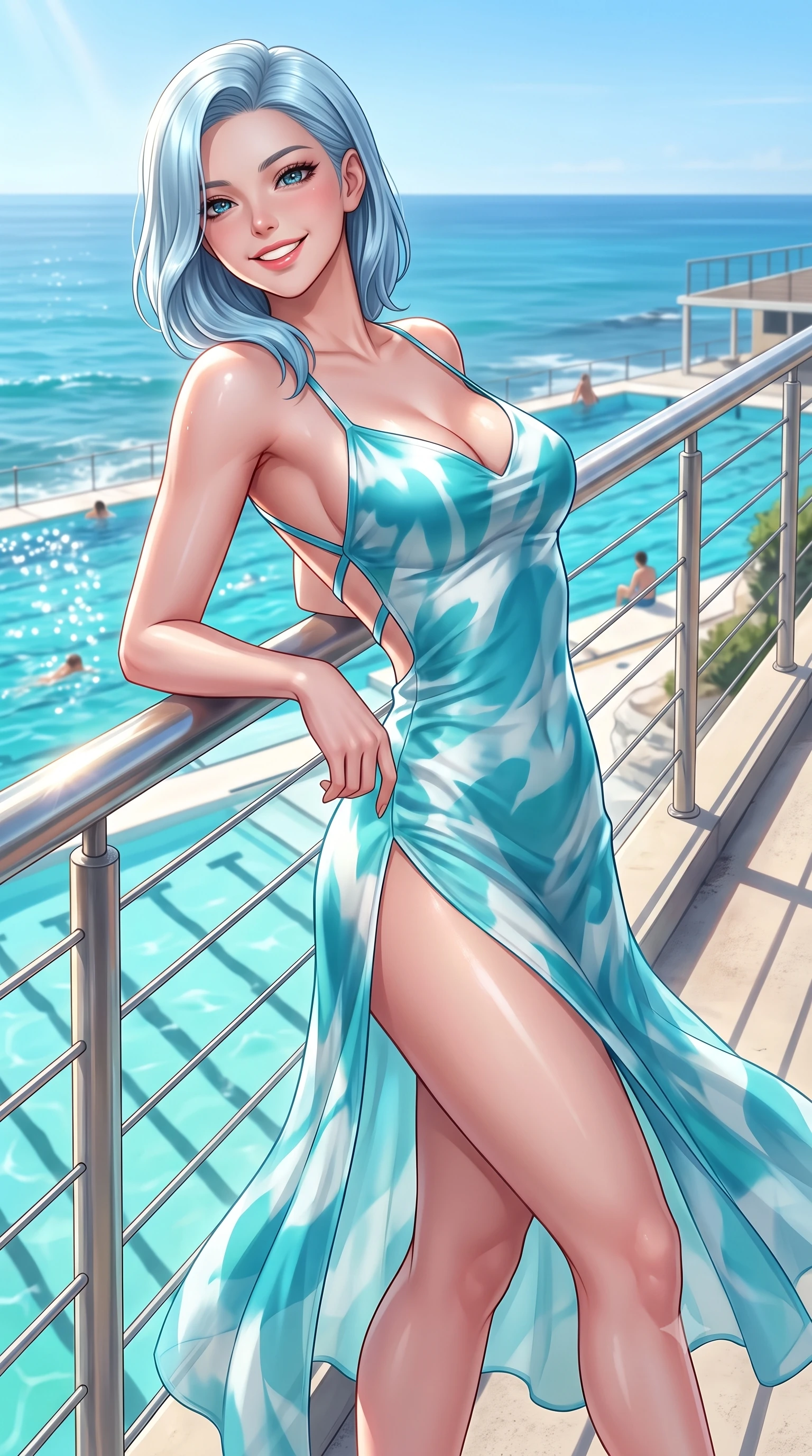 score_9, masterpiece, best quality, ultra-detailed, high-budget anime keyframe, semi-realistic 3D game render, editorial fashion photography, tasteful artistic composition, Korean woman. close-up cowboy shot from the waist and thighs up, the character dominates the composition, filling the frame with her large presence. leaning back against the sunlit railing with relaxed seductive grace, her flat midriff and narrow waist highlighted as she smiles brightly with bewitching eyes while striding along the elevated coastal walkway overlooking the famous turquoise ocean pool, arching her back with an infectious, sun-kissed smile. The surrounding environment is rendered in vivid detail and crisp panoramic clarity. detailed sporty chic outfit weave, glistening sun spray on skin, and Pacific horizon clarity in high resolution. She has an exceptionally elegant, slender, and willowy female figure with an ultra-slim waist, flat toned midriff, narrow ribcage, and sculpted feminine hips creating an alluring, slim hourglass silhouette without bulk. sharp v-shaped jawline, high-bridge nose, intricate jewel-like sparkling eyes with depth, thick eyelashes, glossy parted lips with a natural peach sheen, bright cheerful beaming smile with an enchanting and coquettish sensual glint, exuding both youthful cute charm and seductive allure, flawlessly proportioned anatomical accuracy, strict slender model proportions, natural body alignment, perfectly sculpted long slender limbs, ultra-slim waistline, clean dynamic posture without body distortion. wearing a breezy silk-satin slip dress featuring a thigh-high side slit ascending to the high hip and criss-cross back straps in ocean turquoise and sea-salt white, woven from layered gossamer organza with weightless flutter, finished with criss-cross back satin straps highlighting her graceful shoulder blades, the form-contouring cut accentuating her sculpted flat midriff, narrow delicate ribcage, and gracefully curvy hips with supermodel precision. illuminated by intense specular sea reflections sharply carving her razor-sharp jawline, narrow waist, and curvy hips. highly saturated vibrant anime colors, detailed shading with soft gradients, rich glossy textures, high-contrast stereoscopic depth, volumetric dynamic lighting, master piece, 9:16 ratio