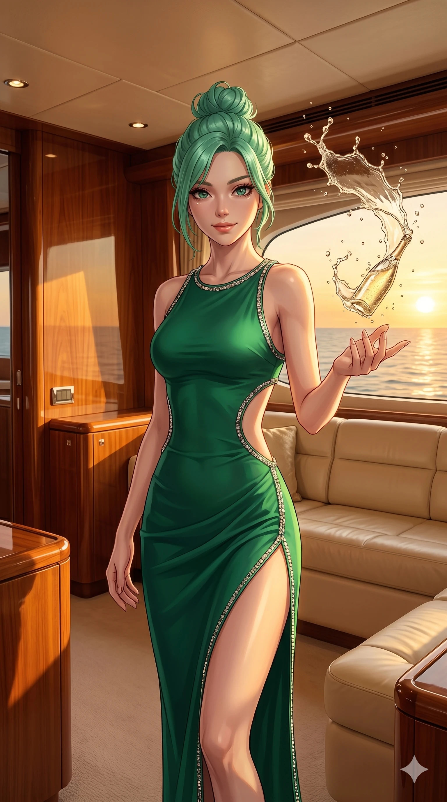 score_9, masterpiece, best quality, ultra-detailed, high-budget anime keyframe, editorial fashion photography, tasteful artistic composition, Japanese woman. cowboy shot from the thighs up, character and outfit filling the frame for maximum editorial presence. reaching a hand toward a floating splash of water, looking at the camera inside a luxury yacht stateroom cabin with large panoramic portlights (Code-P19-105). She has an absolutely perfect 8-heads proportion, an exceptionally tall and slender female figure with impossibly long slender legs and an ultra-slim waist. V-shaped jawline, high-bridge nose, intricate jewel-like eyes with depth, thick eyelashes, glossy lips with a natural sheen. wearing a bodycon dress with high slit and side cutouts in eco-nylon. warm amber sunset casting dancing shadows and a soft golden glow over her features. 2k, ultra detail, master piece, 9:16 ratio