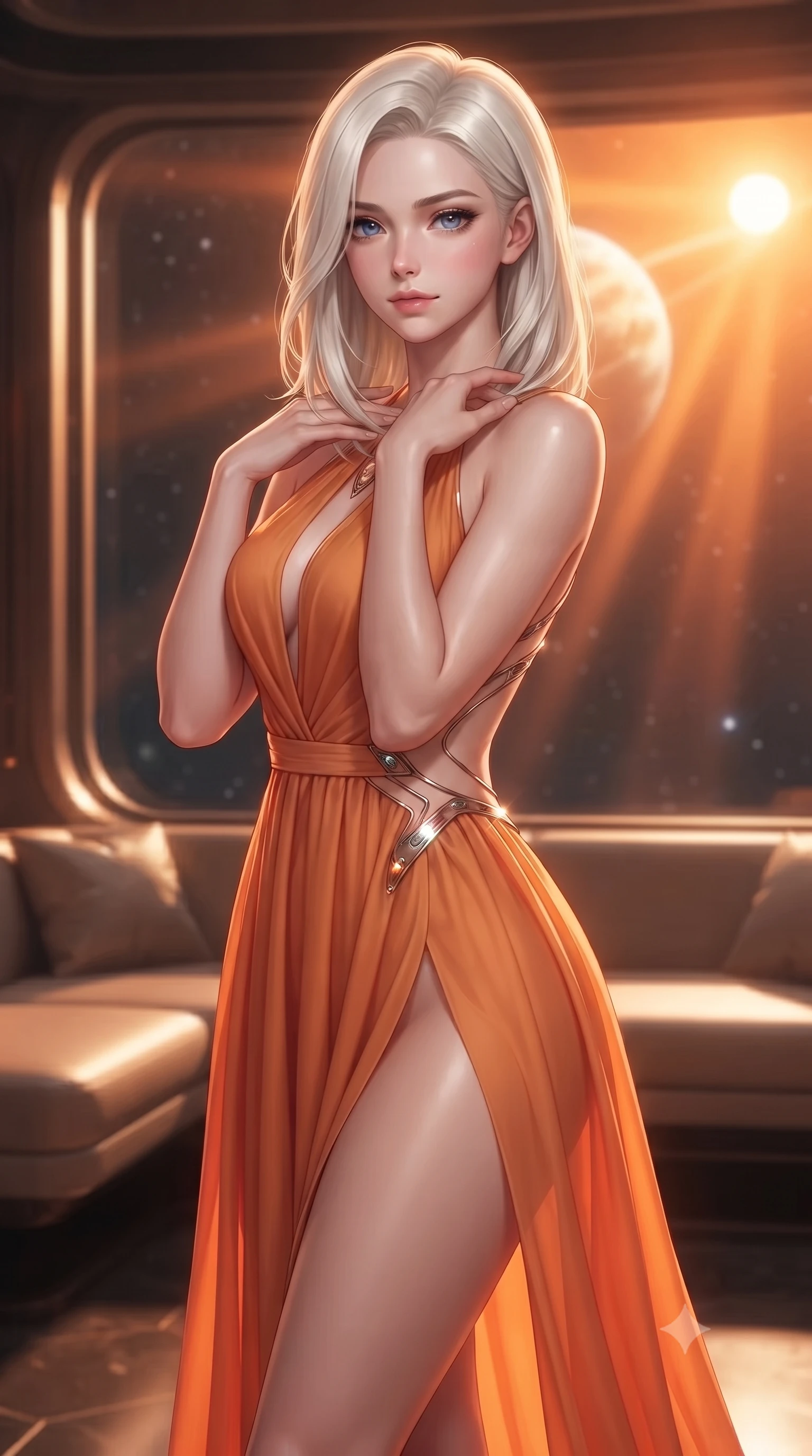 score_9, masterpiece, best quality, ultra-detailed, high-budget anime keyframe, editorial fashion photography, tasteful artistic composition, Caucasian woman. close-up cowboy shot from the waist and thighs up, the character dominates the composition, filling the frame with her large presence, background elements kept in soft focus. standing in a relaxed, elegant posture with both hands resting lightly on her collarbone, looking at the viewer with bedroom-eyes, the background shows a soft-focus a planetary window seat in a cathedral lounge overlooking a binary sun. She has an exceptionally elegant, slender, and willowy female figure with an ultra-slim waist, a gracefully sculpted slender torso, and a refined silhouette. sharp v-shaped jawline, high-bridge nose, intricate jewel-like eyes with depth, thick eyelashes, glossy lips with a natural sheen. wearing a tailored high-slit space combat gown in sunset orange chiffon, featuring a daring thigh-slit and an open-back design. dramatic orange sunbeams painting the cabin in a warm wash. ultra-reflective glossy finish, specular highlights, metallic sheen, high-contrast stereoscopic depth, volumetric dynamic lighting, 2k, ultra detail, master piece, 9:16 ratio