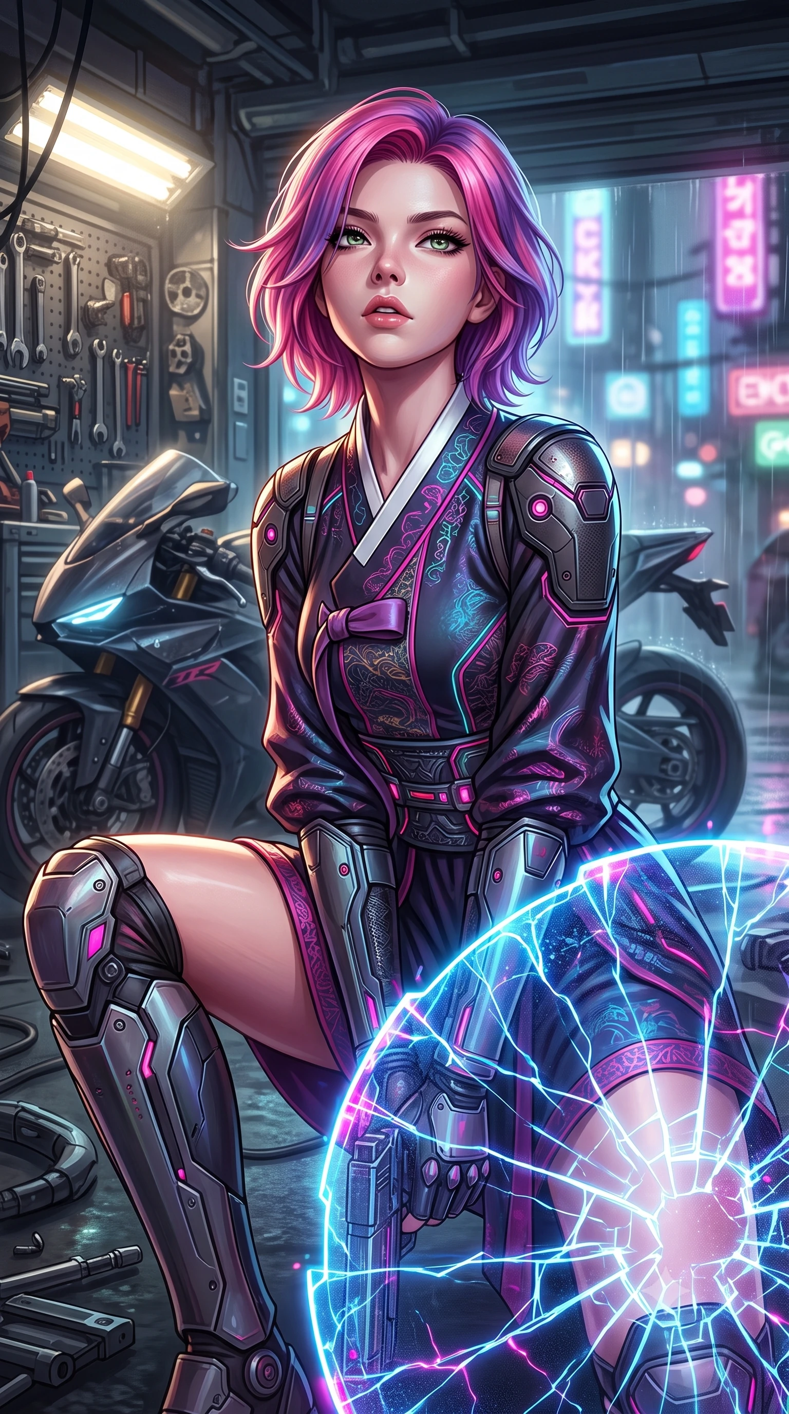 score_9, masterpiece, best quality, ultra-detailed, high-budget anime keyframe, editorial fashion photography, tasteful artistic composition, Caucasian woman. close-up cowboy shot from the waist and thighs up, the character dominates the composition, filling the frame with her large presence, background elements kept in soft focus. crouching slightly behind a glowing holographic shield emitter, looking up with defiance and lips slightly parted, the background shows a soft-focus a high-tech motorcycle garage open to a rain-drenched cyberpunk street. She has an exceptionally elegant, slender, and willowy female figure with an ultra-slim waist, a gracefully sculpted slender torso, and a refined silhouette. sharp v-shaped jawline, high-bridge nose, intricate jewel-like eyes with depth, thick eyelashes, glossy lips with a natural sheen. wearing a slim-fit modern fusion cyber-hanbok robes featuring neon-stitch silk panels and reinforced composite shin guards. bright halogen work lights casting sharp, detailed front illumination with deep shadows. highly saturated vibrant anime colors, detailed shading with soft gradients, rich glossy textures, high-contrast stereoscopic depth, volumetric dynamic lighting, master piece, 9:16 ratio