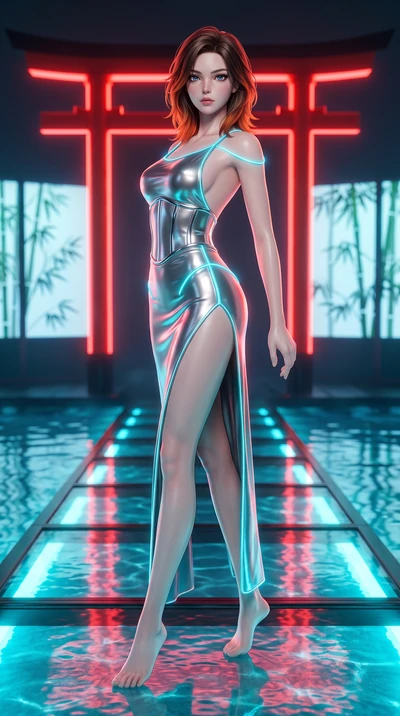 score_9, masterpiece, best quality, ultra-detailed, high-budget anime keyframe, semi-realistic 3D game render, editorial fashion photography, tasteful artistic composition, Korean woman. low angle full-body shot from head to toe showing her feet, fil