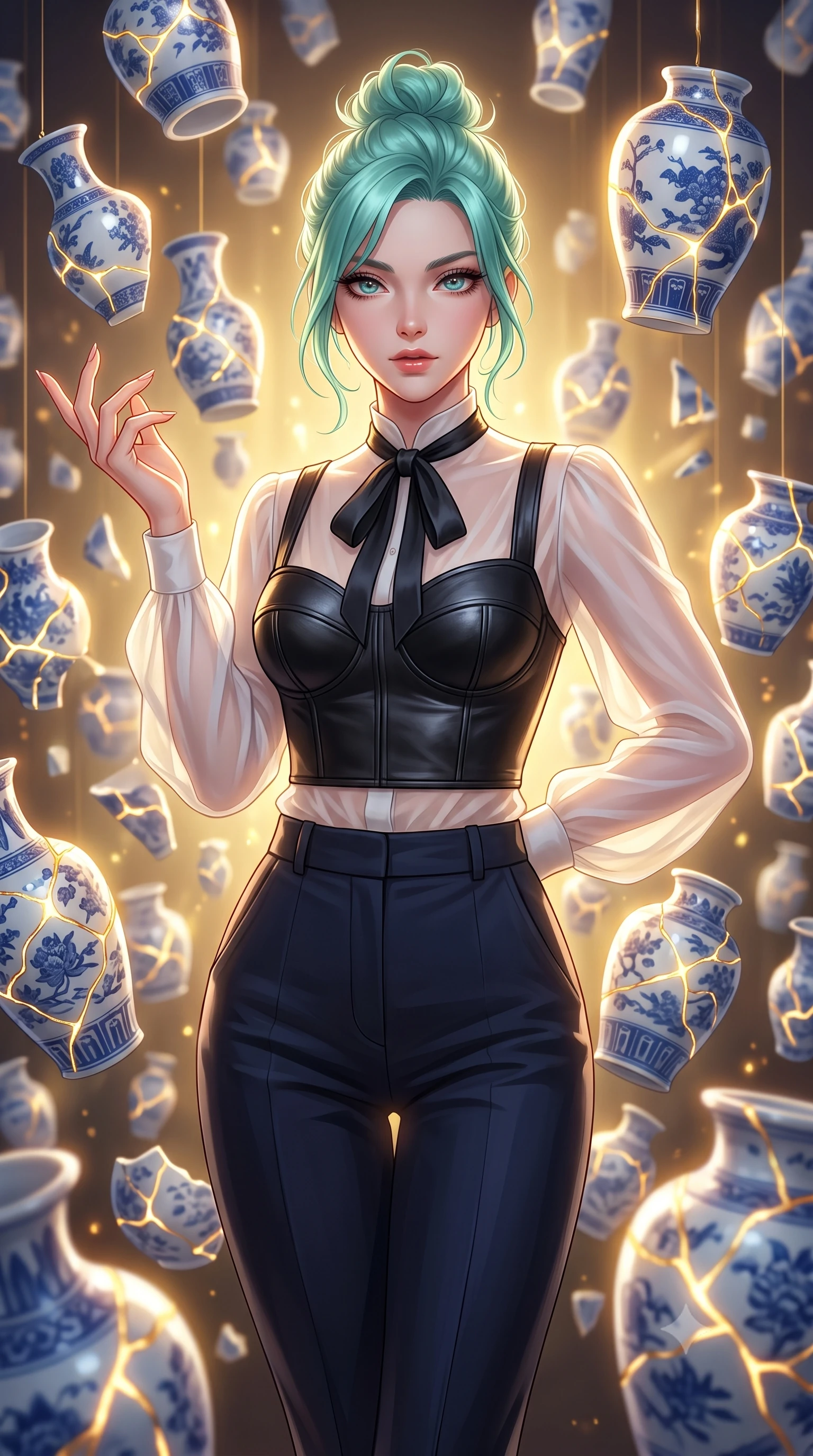 score_9, masterpiece, best quality, ultra-detailed, high-budget anime keyframe, editorial fashion photography, tasteful artistic composition, Japanese woman. close-up cowboy shot from the waist and thighs up, the character dominates the composition, filling the frame with her large presence, background elements kept in soft focus. Reaching one hand gracefully toward the viewer with effortless superiority and allure poised amidst suspended blue-and-white porcelain vase fragments with gold seams, luminous gold kintsugi lines glowing with intense golden inner light. She has an exceptionally elegant, slender, and willowy female figure with an ultra-slim waist, a gracefully sculpted slender torso, and a refined silhouette. sharp v-shaped jawline, high-bridge nose, intricate jewel-like eyes with depth, thick eyelashes, glossy lips with a natural sheen. wearing a tailored leather bustier over a sheer silk chiffon blouse with tailored slacks, the elegant draped fit framing her graceful clavicle and slender torso. bathed in radiant golden kintsugi light radiating from ceramic cracks. highly saturated vibrant anime colors, detailed shading with soft gradients, rich glossy textures, high-contrast stereoscopic depth, volumetric dynamic lighting, master piece, 9:16 ratio