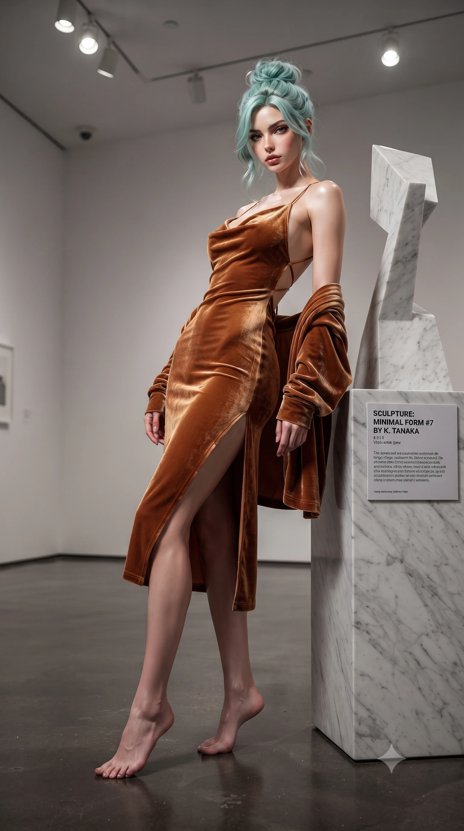 score_9, masterpiece, best quality, ultra-detailed, high-budget anime keyframe, editorial fashion photography, tasteful artistic composition, Japanese woman. low angle full-body shot from head to toe showing her feet, filling the entire 9:16 vertical frame with her statuesque presence, stretching her vertical silhouette. leaning deep against the structural architecture with hips cocked in an unapologetically bold, seductive high-fashion stance while leaning back against the pedestal of a minimalist marble sculpture with hips cocked, casting a cool, intellectual, and smoldering gaze at the camera. The surrounding environment is rendered in vivid detail and crisp panoramic clarity. detailed tailored dress seam lines, mirror reflection clarity, and gallery placard typography in high resolution. She has an exceptionally tall and slender model-like 8.5-heads proportion, an ultra-slim waist, a flat toned midriff, narrow delicate ribcage, and beautifully sculpted feminine hips creating a graceful, slim hourglass silhouette without any bulky heaviness, with impossibly long slender legs. sharp v-shaped jawline, high-bridge nose, intricate jewel-like eyes with depth, thick eyelashes, glossy parted lips with a natural sheen, intensely captivating and seductive bedroom-eyes expression, flawlessly proportioned anatomical accuracy, strict slender model proportions, natural body alignment, perfectly sculpted long slender limbs, ultra-slim waistline, clean dynamic posture without body distortion. wearing a backless cowl-neck satin slip dress featuring high-cut side hip slits and delicate criss-cross back straps in rich copper bronze and warm amber, crafted from heavyweight crushed silk velvet with liquid vintage luster, complemented by a plush velvet shawl draped loosely over her elbows, the glove-like aerodynamic silhouette tightly following the natural contour of her hips and long slender legs with statuesque 8.5-heads elegance. bathed in precise museum directional spotlights from above and soft floor-level ambient fill. ultra-reflective glossy finish, specular highlights, rich textural contrasts, high-contrast stereoscopic depth, volumetric dynamic lighting, 2k, ultra detail, master piece, 9:16 ratio