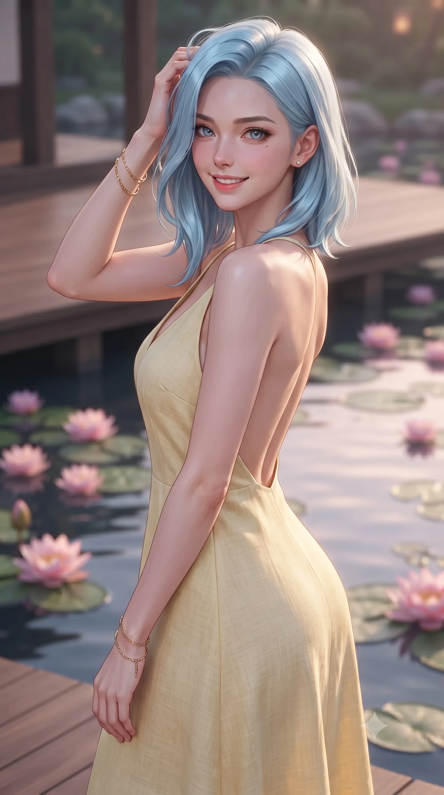 score_9, masterpiece, best quality, ultra-detailed, high-budget anime keyframe, editorial fashion photography, tasteful artistic composition, Korean woman woman. close-up cowboy shot from the waist and thighs up, the character dominates the composition, filling the frame with her large presence, background elements kept in soft focus. smiling with quiet, magnetic self-assurance directly into the camera, running a hand through her hair the background shows a soft-focus a wooden deck overlooking a calm Zen pond filled with blooming pink water lilies. She has an exceptionally elegant, slender, and willowy female figure with an ultra-slim waist, a gracefully sculpted slender torso, and a refined silhouette. sharp v-shaped jawline, high-bridge nose, intricate jewel-like eyes with depth, thick eyelashes, glossy lips with a natural sheen. wearing a slim-fit backless summer sundress in pale yellow linen, showing her elegant shoulder blades. soft twilight glow reflecting on the still water surface. ultra-reflective glossy finish, specular highlights, metallic sheen, high-contrast stereoscopic depth, volumetric dynamic lighting, 2k, ultra detail, master piece, 9:16 ratio