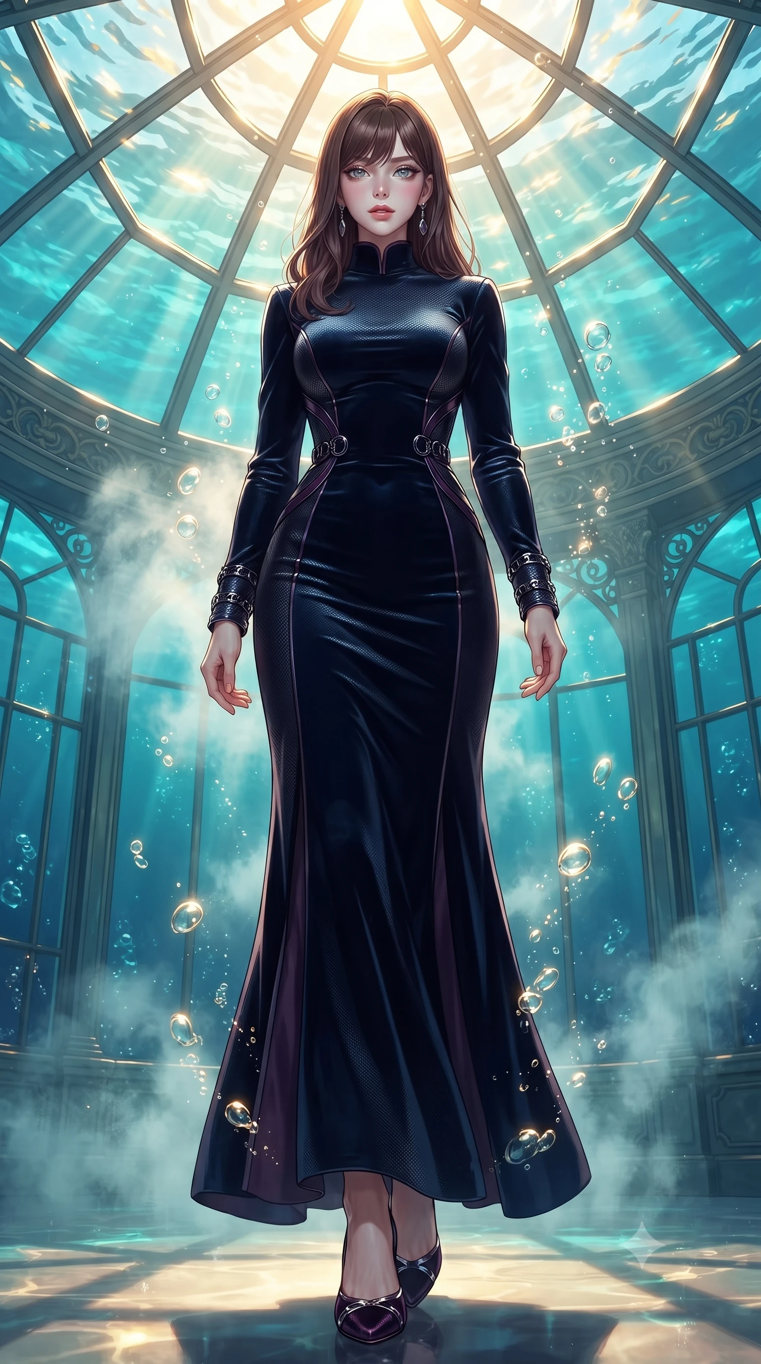 score_9, masterpiece, best quality, ultra-detailed, high-budget anime keyframe, editorial fashion photography, tasteful artistic composition, Korean woman. low angle full-body shot from head to toe showing her feet, filling the entire 9:16 vertical frame with her statuesque presence, stretching her vertical silhouette. forging confidently through the floating mist, holding a poised statuesque stance, poised beneath a glass ceiling as golden sunlight dances through turquoise water, rising air bubbles catching bright golden rim highlights. She has an absolutely perfect, statuesque 8.5-heads proportion, an exceptionally tall and slender model-like female figure with impossibly long slender legs and an ultra-slim waist. sharp v-shaped jawline, high-bridge nose, intricate jewel-like eyes with depth, thick eyelashes, glossy lips with a natural sheen. wearing floor-length high-neck midnight navy velvet gown with long sleeves in dark plum violet, made of matte carbon-fiber weave, trimmed with dark chrome ring hardware along the waist contours, following her slender form with tailored precision. lit by clear sunbeams penetrating ocean depths with soft shadows. ultra-reflective glossy finish, specular highlights, metallic sheen, high-contrast stereoscopic depth, volumetric dynamic lighting, 2k, ultra detail, master piece, 9:16 ratio