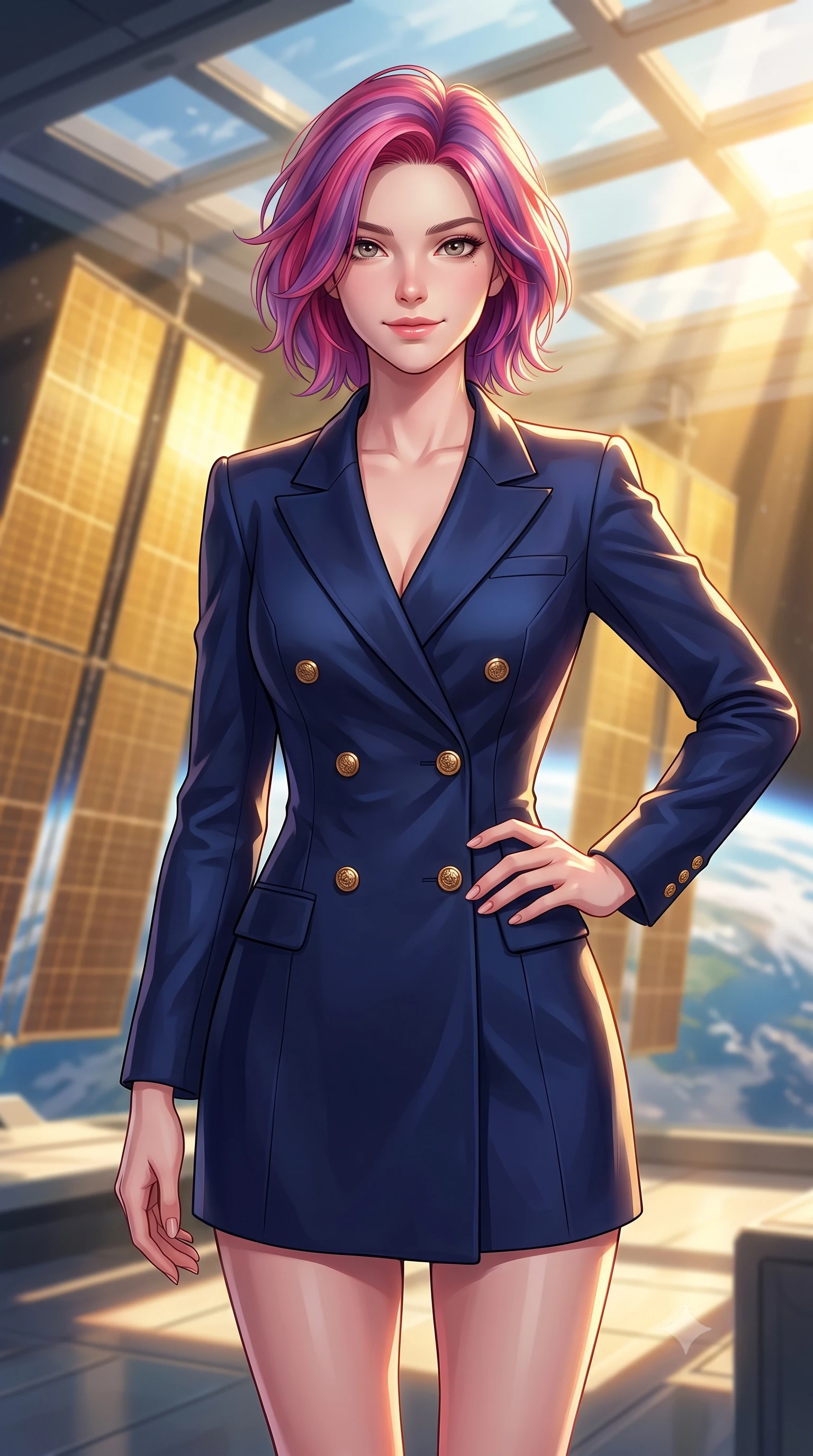 score_9, masterpiece, best quality, ultra-detailed, high-budget anime keyframe, editorial fashion photography, tasteful artistic composition, Caucasian woman woman. close-up cowboy shot from the waist and thighs up, the character dominates the composition, filling the frame with her large presence, background elements kept in soft focus. She has an exceptionally elegant, slender, and willowy female figure with an ultra-slim waist, a gracefully sculpted slender torso, and a refined silhouette. smiling with quiet, magnetic self-assurance directly into the camera lens, flawlessly proportioned anatomical accuracy, natural body alignment, perfectly sculpted elegant limbs, clean dynamic posture without body distortion. set against a soft-focus background of an orbital solarium deck with giant gold solar panels overlooking Earth. wearing a sophisticated navy double-breasted blazer dress with gold button accents. bathed in intense golden hour solar light slicing through glass ceiling panels. highly saturated vibrant anime colors, detailed shading with soft gradients, rich glossy textures, high-contrast stereoscopic depth, volumetric dynamic lighting, master piece, 9:16 ratio