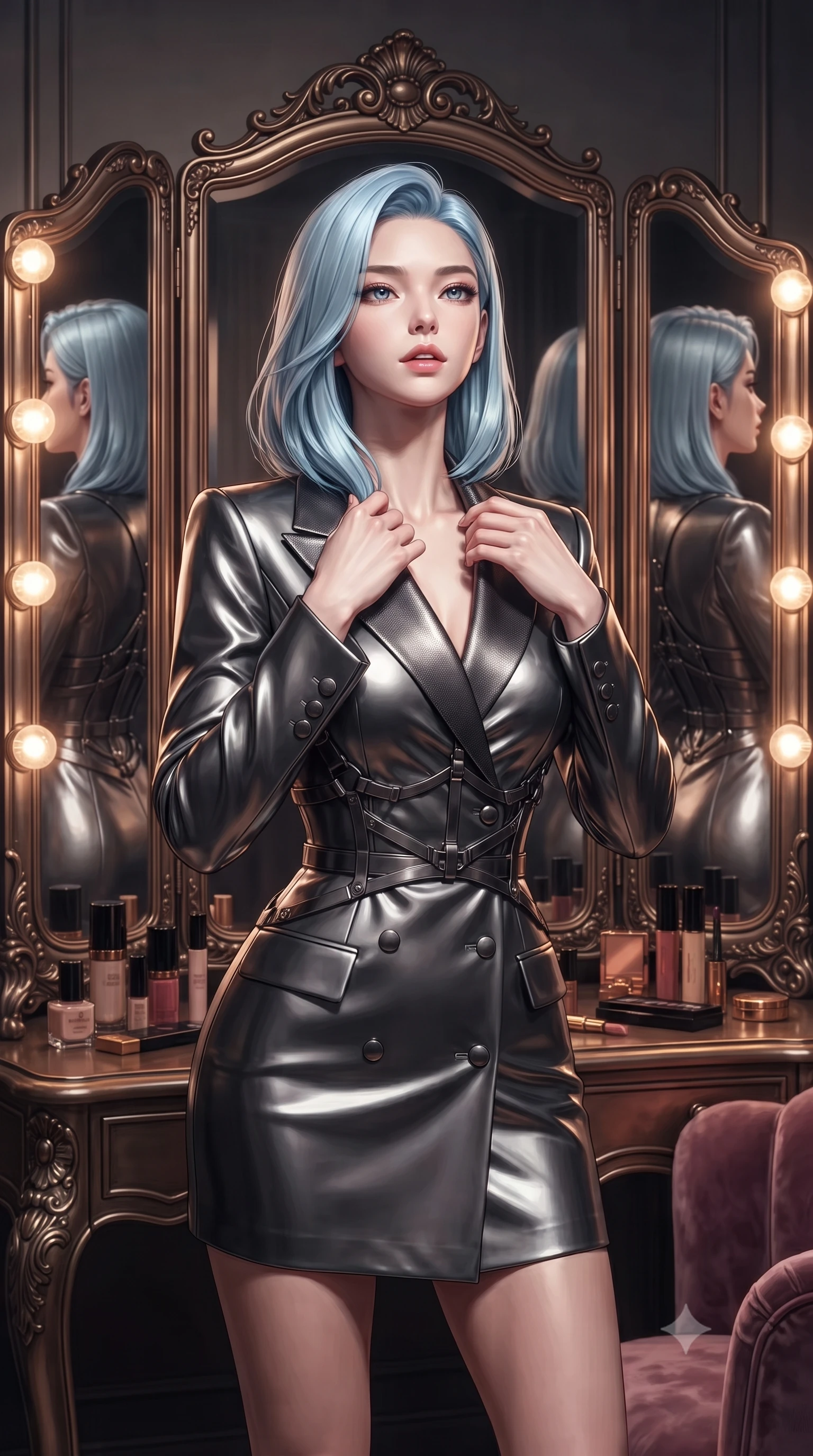 score_9, masterpiece, best quality, ultra-detailed, high-budget anime keyframe, editorial fashion photography, tasteful artistic composition, Korean woman. close-up cowboy shot from the waist and thighs up, the character dominates the composition, filling the frame with her large presence, background elements kept in soft focus. Tilting her chin up slightly with lips parted in a composed, magnetic expression, adjusting her outfit before an antique trifold dressing mirror, trifold mirror reflecting multiple angles of her slender, statuesque silhouette. She has an exceptionally elegant, slender, and willowy female figure with an ultra-slim waist, a gracefully sculpted slender torso, and a refined silhouette. sharp v-shaped jawline, high-bridge nose, intricate jewel-like eyes with depth, thick eyelashes, glossy lips with a natural sheen. wearing tailored double-breasted obsidian blazer dress with silk lapels in metallic dark silver, made of liquid dark mercury jersey, highlighted by a gunmetal metallic harness structure, highlighting her statuesque proportions and ultra-slim waistline. illuminated by warm glowing vanity bulbs casting multi-directional rim lights. ultra-reflective glossy finish, specular highlights, metallic sheen, high-contrast stereoscopic depth, volumetric dynamic lighting, 2k, ultra detail, master piece, 9:16 ratio