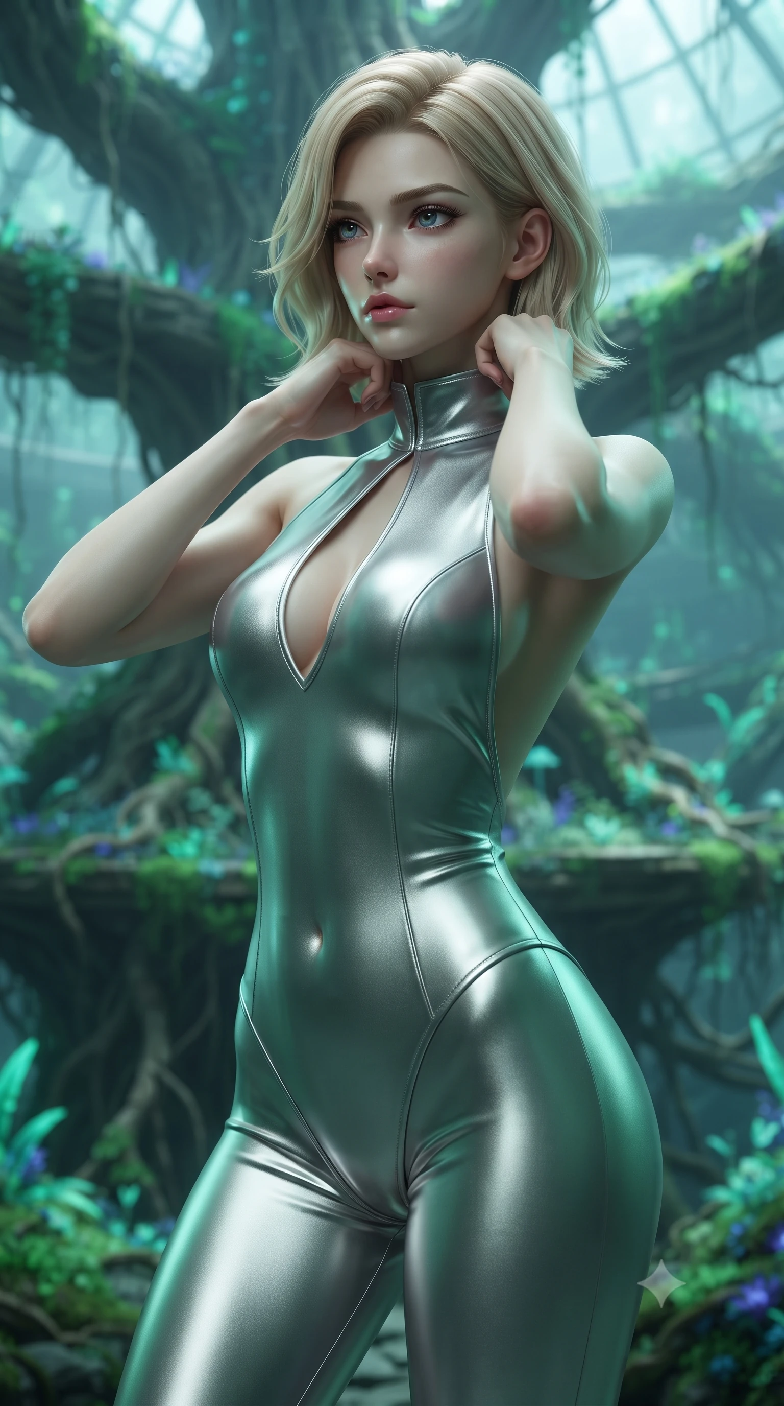 score_9, masterpiece, best quality, ultra-detailed, high-budget anime keyframe, editorial fashion photography, tasteful artistic composition, Caucasian woman. close-up cowboy shot from the waist and thighs up, the character dominates the composition, filling the frame with her large presence, background elements kept in soft focus. adjusting the high collar of her body-hugging suit, looking past the camera with quiet, sharp focus and a composed expression, the background shows a soft-focus a banyan tree sanctuary with vibrant green and indigo leaves in a space dome. She has an exceptionally elegant, slender, and willowy female figure with an ultra-slim waist, a gracefully sculpted slender torso, and a refined silhouette. sharp v-shaped jawline, high-bridge nose, intricate jewel-like eyes with depth, thick eyelashes, glossy lips with a natural sheen. wearing a tailored backless combat bodysuit in metallic silver, featuring a plunging keyhole cutout and low-cut back. vibrant green and indigo bioluminescent plant lighting casting a serene wash. ultra-reflective glossy finish, specular highlights, metallic sheen, high-contrast stereoscopic depth, volumetric dynamic lighting, 2k, ultra detail, master piece, 9:16 ratio