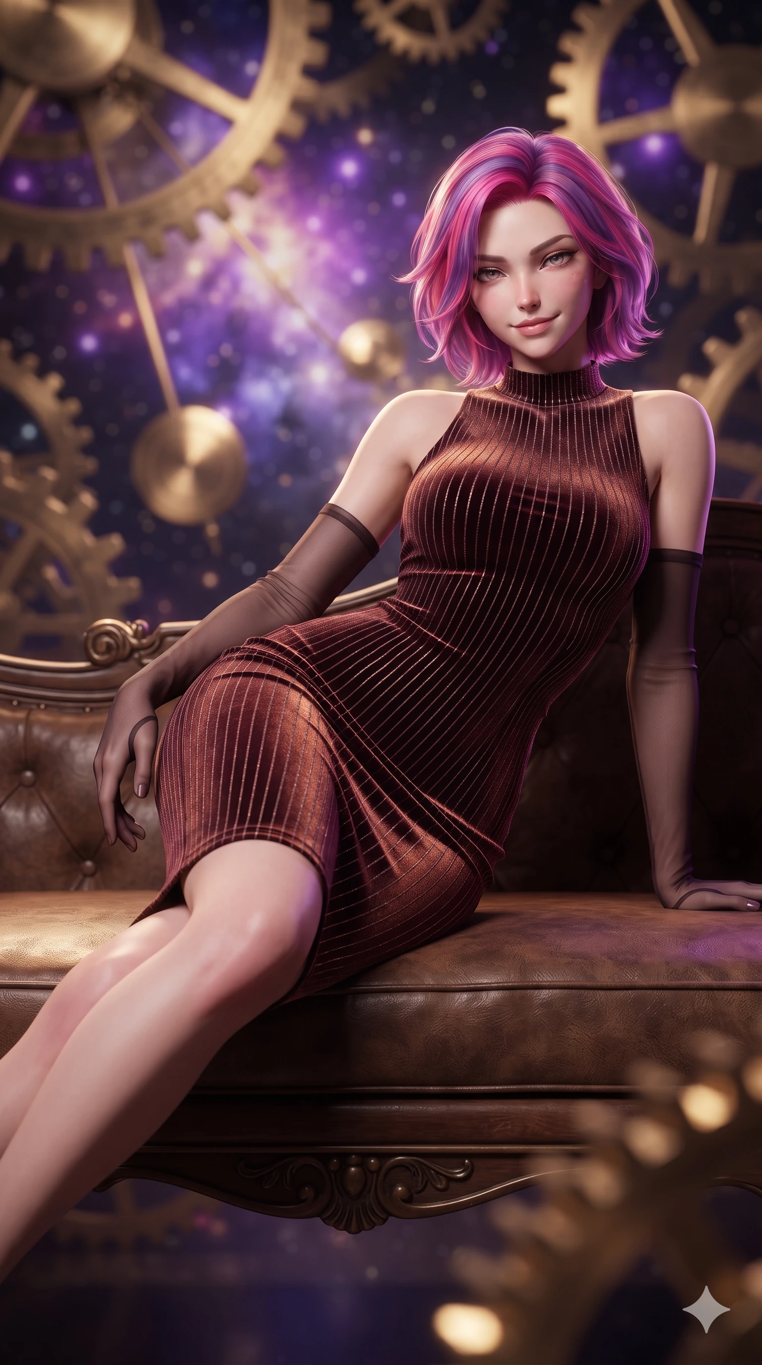 score_9, masterpiece, best quality, ultra-detailed, high-budget anime keyframe, editorial fashion photography, tasteful artistic composition, Caucasian woman. close-up cowboy shot from the waist and thighs up, the character dominates the composition, filling the frame with her large presence. tilting her head with a teasing half-smile, running one hand slowly down the side of her hip in a flirtatious S-curve as ambient light caresses her silhouette while lounging gracefully across the leather-cushioned clockwork settee propped on one elbow with legs extended, displaying her long slender limbs and statuesque hourglass silhouette against the cosmic gears. The background shows a soft-focus colossal rotating brass cogwheels, sweeping clockwork pendulums, and vibrant purple stellar nebulae blurred into gold, amber, and violet bokeh. She has an exceptionally elegant, slender, and willowy female figure with an ultra-slim waist, flat toned midriff, narrow ribcage, and sculpted feminine hips creating an alluring, slim hourglass silhouette without bulk. sharp v-shaped jawline, high-bridge nose, intricate jewel-like sparkling eyes with depth, thick eyelashes, glossy parted lips with a natural peach sheen, bright cheerful beaming smile with an enchanting and coquettish sensual glint, exuding both youthful cute charm and seductive allure, flawlessly proportioned anatomical accuracy, strict slender model proportions, natural body alignment, perfectly sculpted long slender limbs, ultra-slim waistline, clean dynamic posture without body distortion. wearing a tailored liquid velvet bodycon dress with metallic fiber pinstripes following her statuesque 8.5-heads silhouette in deep burgundy and bronze accents, made of fluid liquid jersey with seamless sculpting hold and smooth contours, complemented by sheer opera-length evening gloves tracing her slender arms, the form-contouring silhouette accentuating her sculpted flat midriff, narrow delicate ribcage, and gracefully curvy hips with intoxicating allure. illuminated by gear train reflection bounce and sharp gold-violet rim lights sculpting her razor-sharp jawline, narrow waist, and curvy hips. ultra-reflective glossy finish, specular highlights, rich textural contrasts, high-contrast stereoscopic depth, volumetric dynamic lighting, 2k, ultra detail, master piece, 9:16 ratio