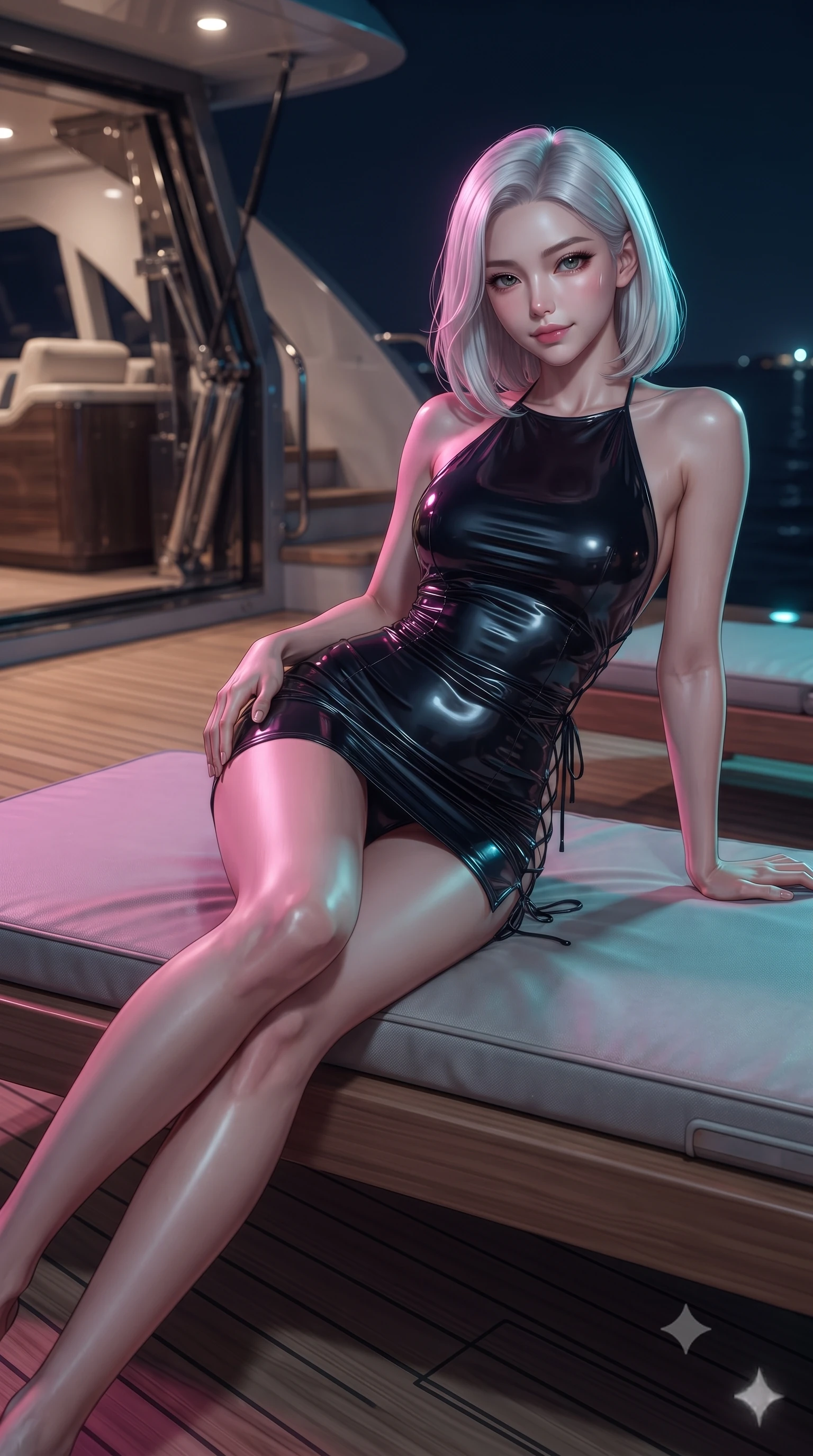 score_9, masterpiece, best quality, ultra-detailed, high-budget anime keyframe, editorial fashion photography, tasteful artistic composition, Korean woman. close-up cowboy shot from the waist and thighs up, the character dominates the composition, filling the frame with her large presence. tilting her head with a teasing half-smile, running one hand slowly down the side of her hip in a flirtatious S-curve as ambient light caresses her silhouette while lounging on an outdoor teak sunbed propped on one elbow, her flat midriff and long slender legs commanding the nocturnal ocean realm. The background shows a soft-focus hydraulic folding hull door mechanisms softened in cutting-edge naval shallow focus. She has an exceptionally elegant, slender, and willowy female figure with an ultra-slim waist, flat toned midriff, narrow ribcage, and sculpted feminine hips creating an alluring, slim hourglass silhouette without bulk. sharp v-shaped jawline, high-bridge nose, sparkling eyes with hypnotic seductive depth, thick curled eyelashes, glossy parted lips with a natural dewy peach sheen, alluring bedroom-eyes with an enchanting coquettish smile, exuding magnetic siren charisma and sophisticated glamour, flawlessly proportioned anatomical accuracy, strict slender model proportions, natural body alignment, perfectly sculpted long slender limbs, ultra-slim waistline, clean dynamic posture without body distortion. wearing a slinky backless halterneck column mini dress in shimmering liquid vinyl clinging like a second skin in wet-look onyx black with electric magenta reflections, woven from stretch metallic lurex jersey casting radiant starlight glints across her silhouette, featuring fine criss-cross lace-up side ties revealing tantalizing glimpses of her hip curve, the form-contouring silhouette accentuating her sculpted flat midriff, narrow delicate ribcage, and gracefully curvy hips with intoxicating allure. illuminated by water surface reflection bounce and sharp cyan-gold rim lights defining her delicate clavicles, narrow waist, and curvy hips. ultra-reflective glossy finish, specular highlights, rich textural contrasts, high-contrast stereoscopic depth, volumetric dynamic lighting, 2k, ultra detail, master piece, 9:16 ratio