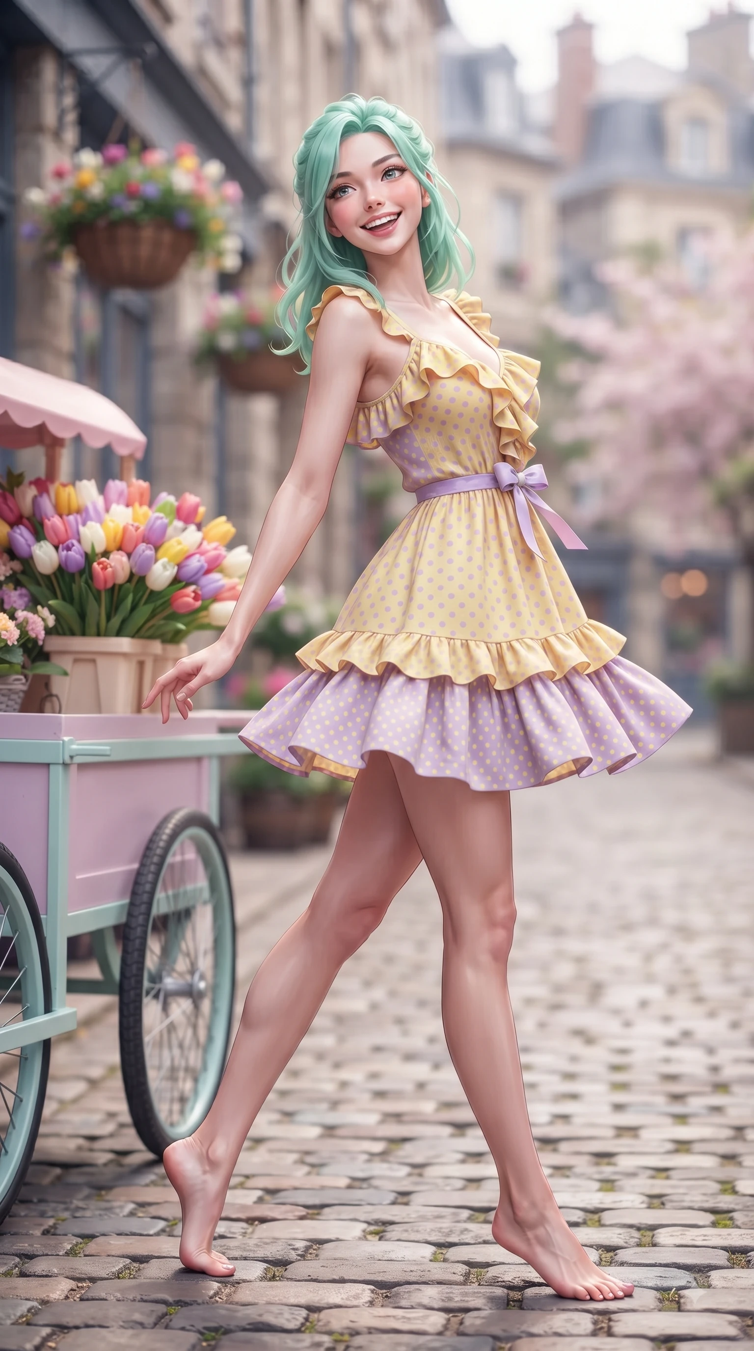 score_9, masterpiece, best quality, ultra-detailed, high-budget anime keyframe, editorial fashion photography, tasteful artistic composition, Japanese woman. low angle full-body shot from head to toe showing her feet, filling the entire 9:16 vertical frame with her statuesque presence, stretching her vertical silhouette. pivoting dynamically with a fresh infectious smile, her ultra-slim waist creating a sweeping fluid curve while pivoting playfully near a pastel flower cart holding a bouquet of colorful tulips with a beaming smile. The composition keeps background elements in soft focus with dreamy bokeh. charming European cobblestone facades and hanging flower baskets softened by shallow depth of field. She has an absolutely perfect, statuesque 8.5-heads proportion, an exceptionally tall and slender model-like female figure with impossibly long slender legs and an ultra-slim waist. sharp v-shaped jawline, high-bridge nose, intricate jewel-like eyes with depth, thick eyelashes, glossy lips with a natural sheen, flawlessly proportioned anatomical accuracy, natural body alignment, perfectly sculpted elegant limbs, clean dynamic posture without body distortion. wearing a bright apricot ruffled sundress with a subtle polka-dot pattern in soft lemon yellow and lavender violet, knitted from soft cozy cashmere yarn, accented with a dainty waist ribbon bow, the tailored casual silhouette highlighting her fresh and youthful presence. surrounded by a fresh, uplifting, and romantic spring street ambiance. ultra-reflective glossy finish, specular highlights, metallic sheen, high-contrast stereoscopic depth, volumetric dynamic lighting, 2k, ultra detail, master piece, 9:16 ratio