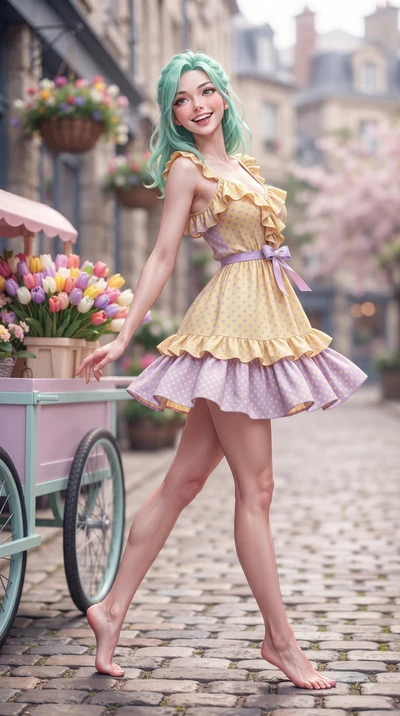 score_9, masterpiece, best quality, ultra-detailed, high-budget anime keyframe, editorial fashion photography, tasteful artistic composition, Japanese woman. low angle full-body shot from head to toe showing her feet, filling the entire 9:16 vertical