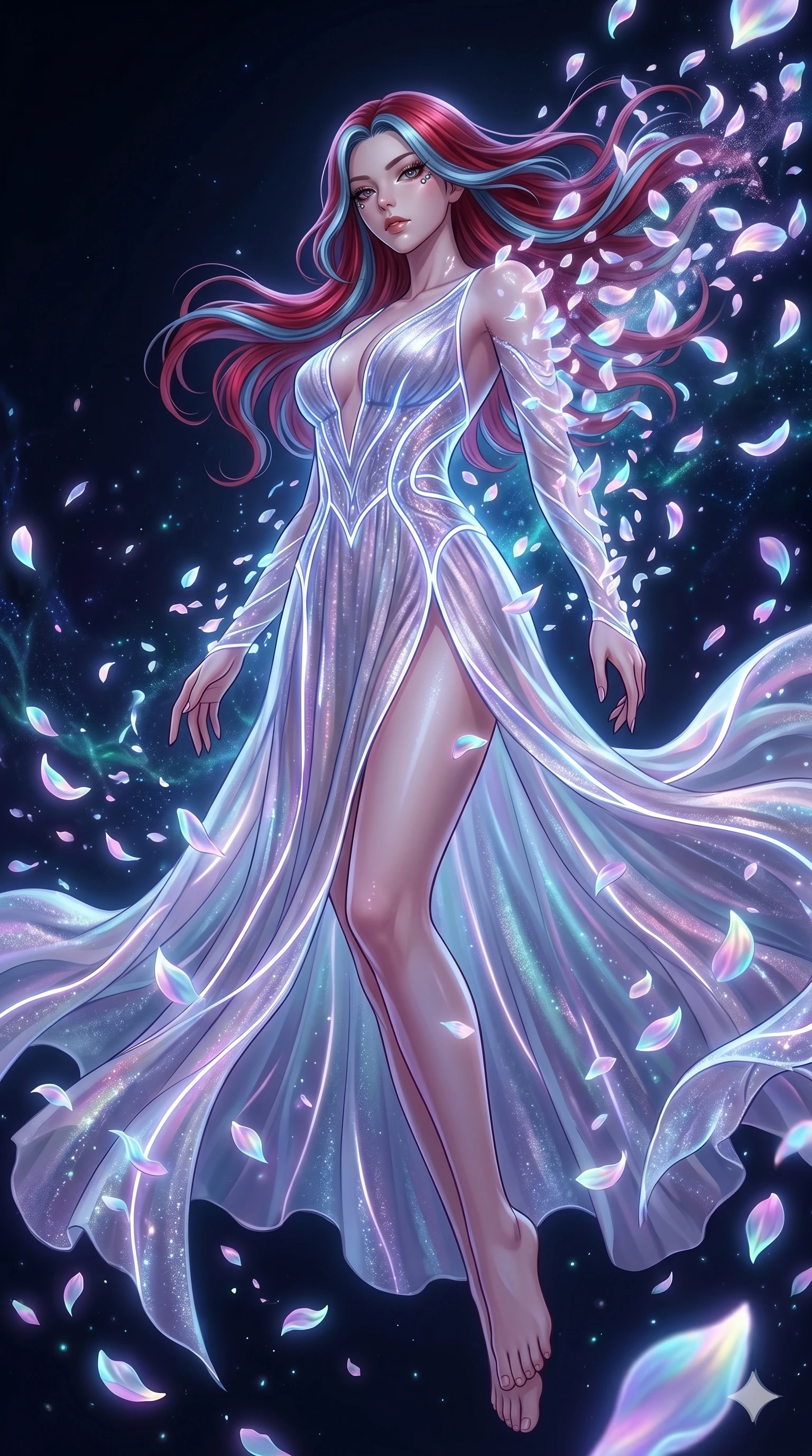 score_9, masterpiece, best quality, ultra-detailed, High-budget Anime Keyframe, East Asian woman. Low angle cowboy shot filling the entire 9:16 frame with her statuesque presence. Scenario 191: Dissolving into a cloud of iridescent silk petals in a void. Her presence is magnetic and overpowering in this high-budget anime scene. Outfit 191: A shimmering chiffon dangerous with a thigh-high slit and glowing LED seams. The clothing is designed to emphasize her exceptionally tall and slender 8-heads proportion. 8-heads proportion, towering silhouette, ultra-slim waist. sharp v-shaped jawline, intricate jewel-like eyes with depth, thick eyelashes, glossy lips. 2k, ultra detail, master piece, 9:16 ratio