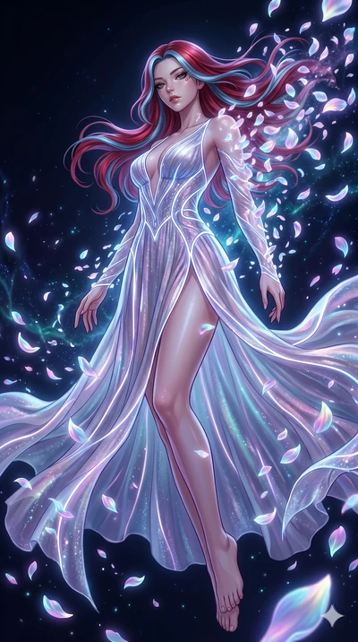 score_9, masterpiece, best quality, ultra-detailed, High-budget Anime Keyframe, East Asian woman. Low angle cowboy shot filling the entire 9:16 frame with her statuesque presence. Scenario 191: Dissolving into a cloud of iridescent silk petals in a v