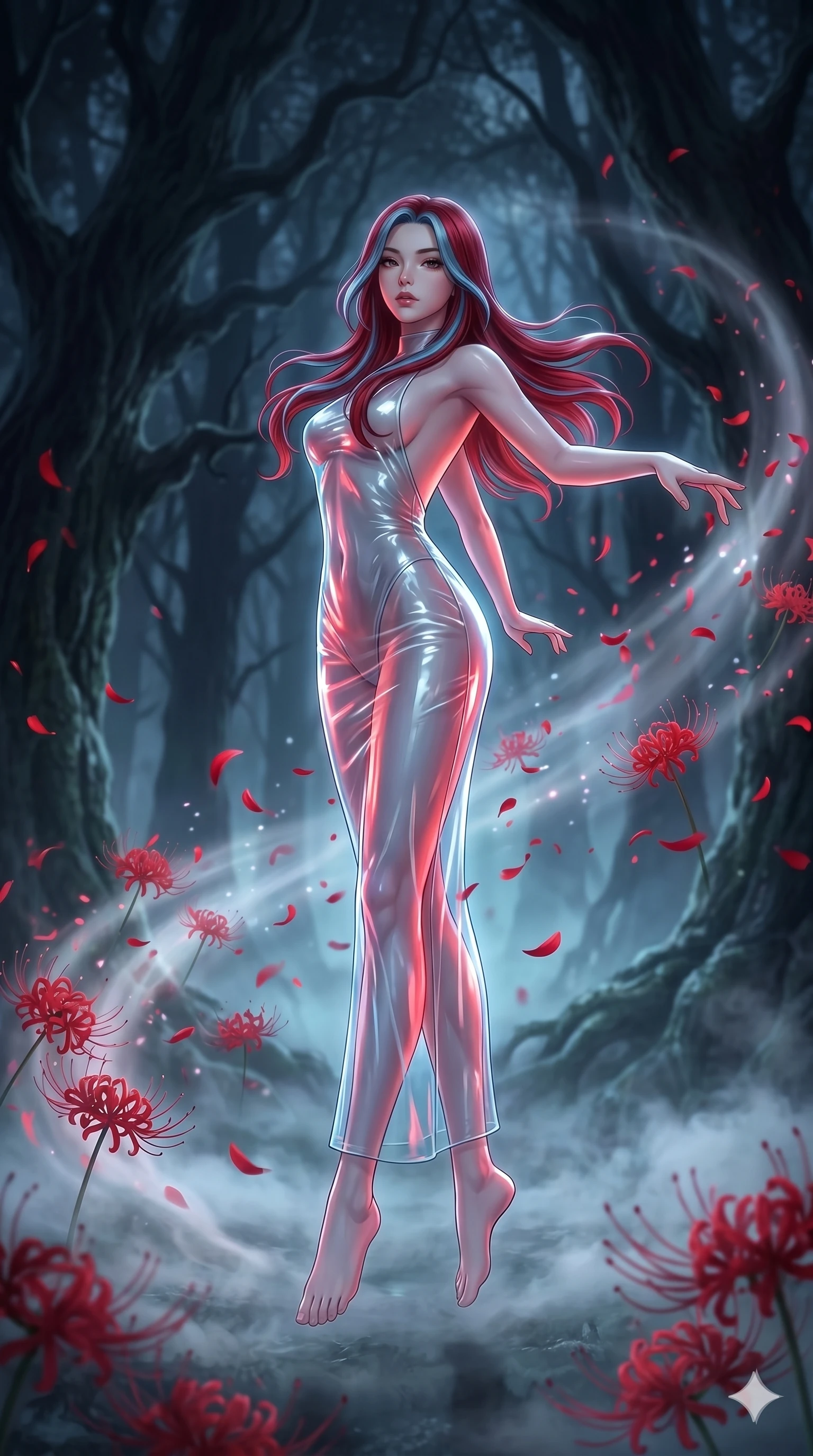 score_9, masterpiece, best quality, ultra-detailed, High-budget Anime Keyframe, East Asian woman. Low angle cowboy shot filling the entire 9:16 frame with her statuesque presence. Scenario 235: Dancing amidst falling red spider lilies in a misty dark forest. Her presence is magnetic and overpowering in this high-budget anime scene. Outfit 235: A translucent PVC bare with a backless design and wet-look texture. The clothing is designed to emphasize her exceptionally tall and slender 8-heads proportion. 8-heads proportion, towering silhouette, ultra-slim waist. sharp v-shaped jawline, intricate jewel-like eyes with depth, thick eyelashes, glossy lips. 2k, ultra detail, master piece, 9:16 ratio