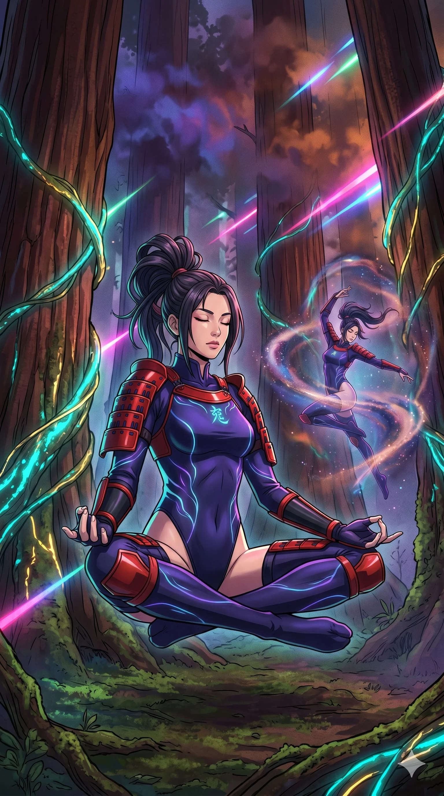 score_9, masterpiece, best quality, ultra-detailed, Set A: High-budget Anime Keyframe, Korean woman. Low angle cowboy shot filling the entire 9:16 frame with her statuesque presence. Theme: Abstract Cosmic. meditating in a giant redwood forest with glowing vines, as her reflection in the air starts to dance independently 55. The atmosphere is filled with heavy smog with neon flares. She has an absolutely perfect 8-heads proportion, an exceptionally tall and slender female figure with impossibly long slender legs and an ultra-slim waist. Sharp v-shaped jawline, high-bridge nose, intricate jewel-like eyes with depth, glossy lips. Wearing Modernized samurai armor over a high-cut silk leotard with glowing energy kanji. Cinematic lighting, vivid colors, dramatic shadows, 2k, ultra detail, master piece, 9:16 ratio