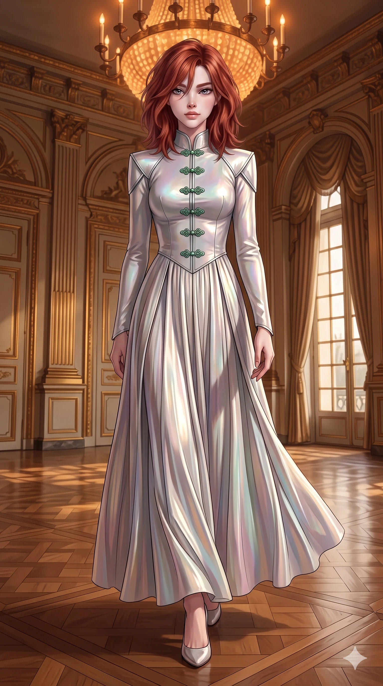 score_9, masterpiece, best quality, ultra-detailed, high-budget anime keyframe, semi-realistic 3D game render, editorial fashion photography, tasteful artistic composition, Korean woman. low angle full-body shot from head to toe showing her feet, filling the entire 9:16 vertical frame with her statuesque presence, stretching her vertical silhouette. stepping slowly toward the camera with hypnotic grace, hips swaying in an alluring sensual rhythm that accentuates her curvy hourglass silhouette and long slender legs while twisting her slender torso in an alluring contrapposto stance, intricate brass shadow patterns and golden chandeliers tracing her narrow waist and curvy hips. The surrounding environment is rendered in vivid detail and crisp panoramic clarity: detailed high-Mandarin wrap dress tailoring, metallic lamé fabric sheen, and historic grand touring salon architecture in razor-sharp precision. She has an exceptionally tall and slender model-like 8.5-heads proportion, an ultra-slim waist, a flat toned midriff, narrow delicate ribcage, and beautifully sculpted feminine hips creating a graceful, slim hourglass silhouette without any bulky heaviness, with impossibly long slender legs. sharp v-shaped jawline, high-bridge nose, intricate jewel-like sparkling eyes with depth, thick eyelashes, glossy parted lips with a natural sheen, intensely captivating and seductive bedroom-eyes expression, exuding both youthful cute charm and sovereign luxury allure, flawlessly proportioned anatomical accuracy, strict slender model proportions, natural body alignment, perfectly sculpted long slender limbs, ultra-slim waistline, clean dynamic posture without body distortion. wearing a refined long-sleeve high-collar silk georgette diplomatic gown with structured geometric shoulder plates and pleated skirt in iridescent mother-of-pearl and liquid molten silver, crafted from luxurious metallic lamé that shifts radiance with every step, finished with sleek jade frog closures glinting along her high collar, the impeccably tailored cut draping gracefully along her slender figure with aristocratic poise. bathed in the majestic, warm 2600K amber glow of geometric brass chandeliers filtering through filigree screens creating dramatic shadow lattices. highly saturated vibrant anime colors, detailed shading with soft gradients, rich glossy textures, high-contrast stereoscopic depth, volumetric dynamic lighting, master piece, 9:16 ratio