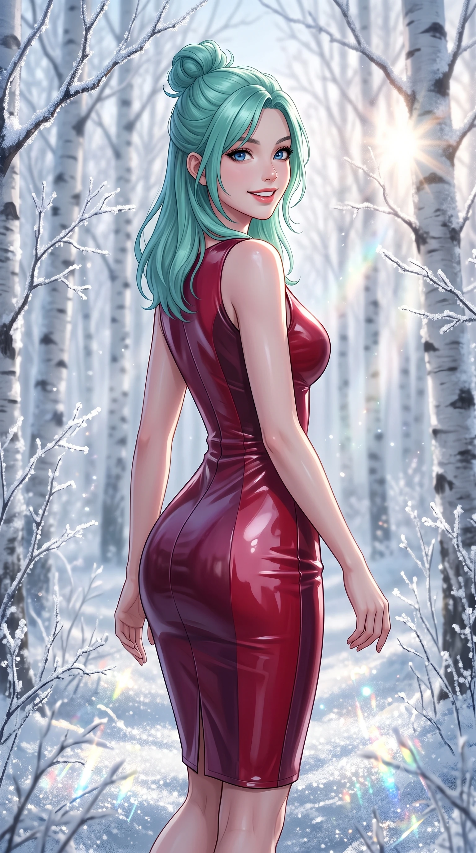 score_9, masterpiece, best quality, ultra-detailed, high-budget anime keyframe, editorial fashion photography, tasteful artistic composition, Japanese woman. close-up cowboy shot from the waist and thighs up, the character dominates the composition, filling the frame with her large presence, background elements kept in soft focus. Looking over her shoulder with a bright, welcoming smile and happy eyes. set against a soft-focus background of walking through a quiet white birch grove where every twig is coated in a thick layer of crystal frost at sunrise. She has an exceptionally elegant, slender, and willowy female figure with a highly-defined ultra-slim waist, a gracefully sculpted slender torso, and a refined slim-fit silhouette that contours her form. sharp v-shaped jawline, high-bridge nose, intricate jewel-like eyes with depth, thick eyelashes, glossy lips with a natural sheen. wearing a glossy vinyl-effect pencil dress in dual-tone cherry red and plum, sculpting her slender silhouette with lacquered perfection. cold morning sunbeams cutting through the birch trees, creating a sparkling prismatic glare on the frosted forest. 2k, ultra detail, master piece, 9:16 ratio