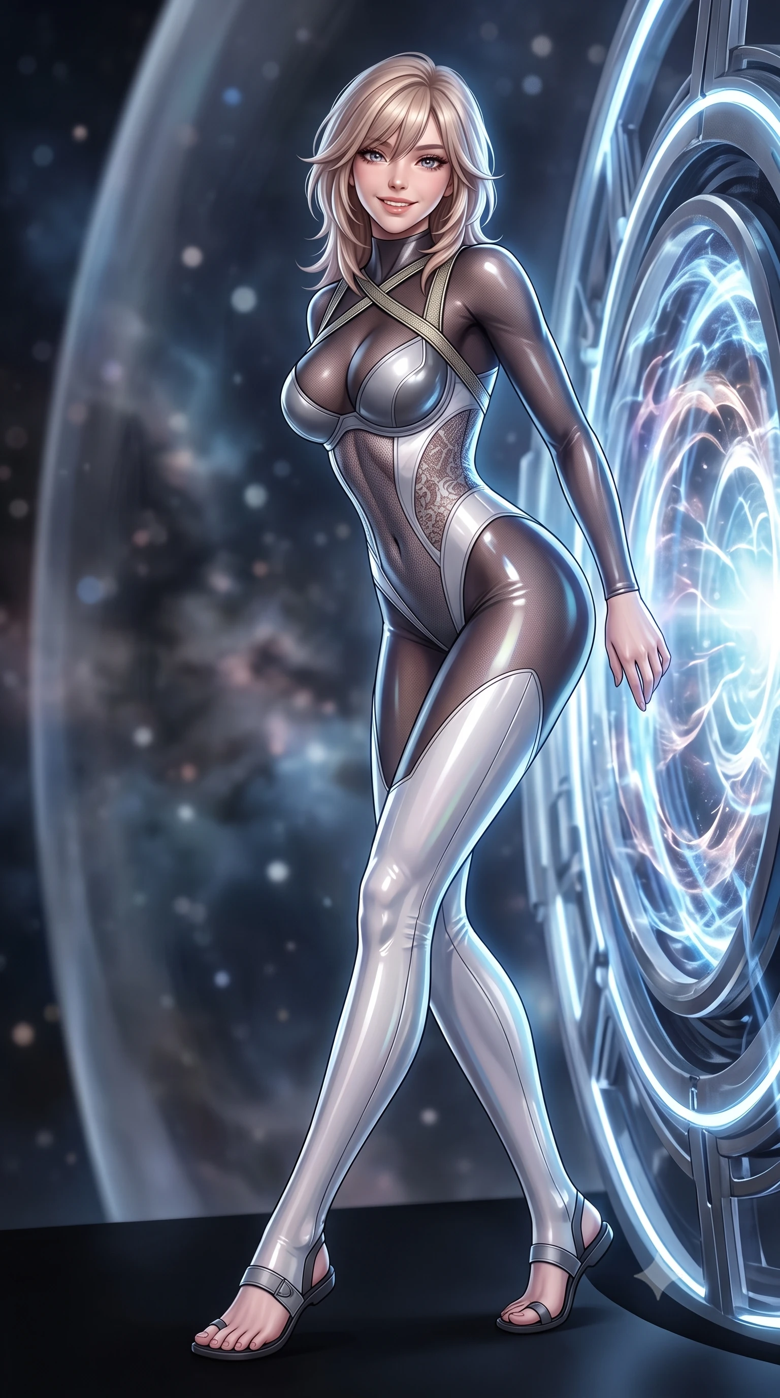 score_9, masterpiece, best quality, ultra-detailed, high-budget anime keyframe, semi-realistic 3D game render, editorial fashion photography, tasteful artistic composition, Japanese woman. low angle full-body shot from head to toe showing her feet, filling the entire 9:16 vertical frame with her statuesque presence, stretching her vertical silhouette. leaning deep against the glowing energy conduit with hips cocked back in an unapologetically alluring high-fashion stance, flashing a warm beaming smile while walking silently across the radar-absorbent matte black deck, arching her back with sovereign covert-ops grace. The background shows a soft-focus translucent shimmering cloaking field boundaries and distant nebula clouds blurred into smoky charcoal, indigo, and starlight bokeh. She has an absolutely perfect, statuesque 8.5-heads proportion, an exceptionally tall and slender model-like female figure with impossibly long slender legs, an ultra-slim waist, a flat toned midriff, narrow delicate ribcage, and beautifully sculpted feminine hips creating a graceful, slim hourglass silhouette without any bulky heaviness. sharp v-shaped jawline, high-bridge nose, intricate jewel-like sparkling eyes with depth, thick eyelashes, glossy parted lips with a natural sheen, bright confident smile with an enchanting and coquettish sensual glint, exuding both youthful magnetic charm and sovereign high-tech allure, flawlessly proportioned anatomical accuracy, strict slender model proportions, natural body alignment, perfectly sculpted long slender limbs, ultra-slim waistline, clean dynamic posture without body distortion. wearing a form-contouring semi-opaque dark mesh catsuit with carbon-plated cups and fine lace-pattern panels across her torso in pure alabaster white and brushed silver accents, tailored from ultra-reflective glossy liquid vinyl with mirror-like specular highlights, finished with criss-cross Kevlar tactical straps tracing her graceful shoulder blades, the aerodynamic second-skin silhouette tightly following the natural contour of her hips and long slender legs with youthful 8.5-heads elegance. illuminated by active-camouflage iridescent shimmers and sharp silver rim lights sculpting her razor-sharp jawline, narrow waist, and curvy hips. highly saturated vibrant anime colors, detailed shading with soft gradients, rich glossy textures, high-contrast stereoscopic depth, volumetric dynamic lighting, master piece, 9:16 ratio