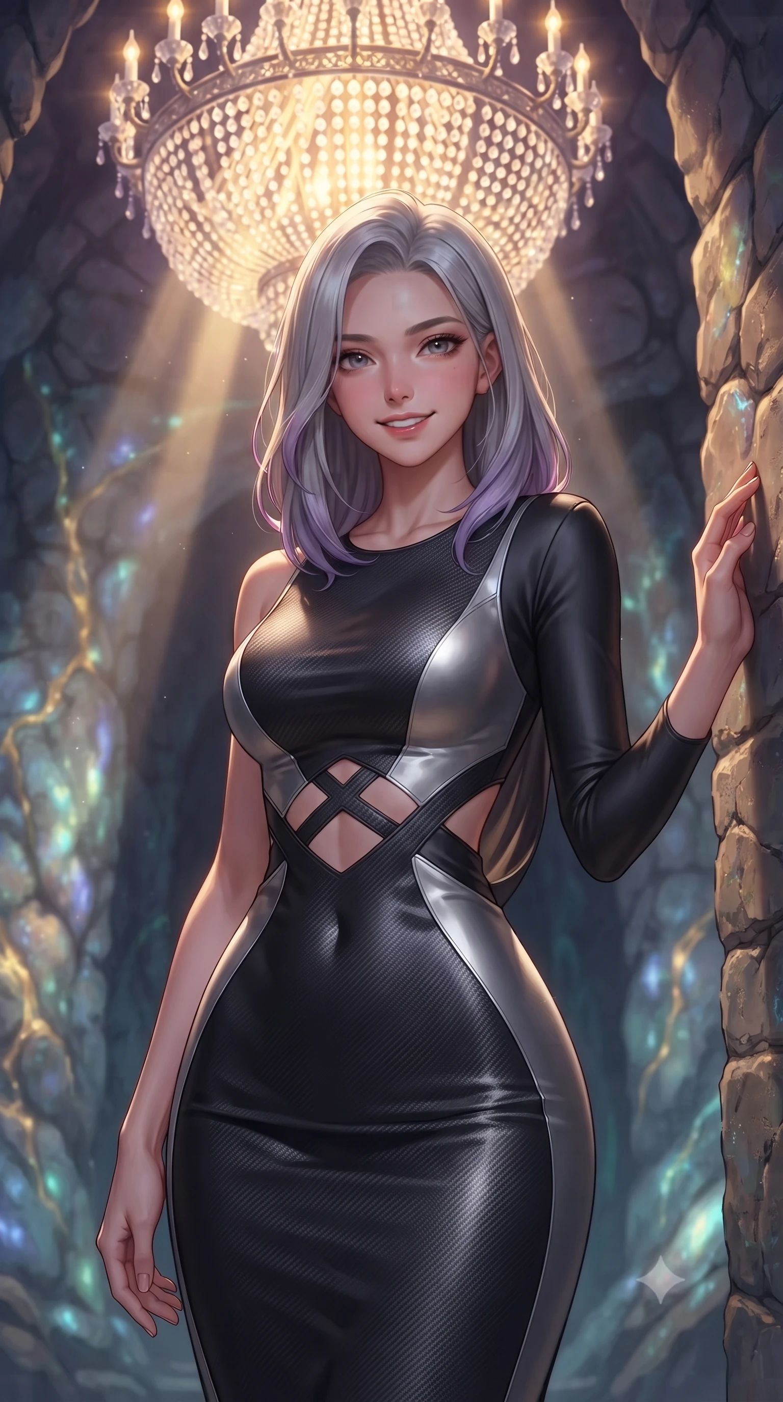score_9, masterpiece, best quality, ultra-detailed, high-budget anime keyframe, editorial fashion photography, tasteful artistic composition, Caucasian woman. close-up cowboy shot from the waist and thighs up, the character dominates the composition, filling the frame with her large presence, background elements kept in soft focus. Smiling with quiet, magnetic self-assurance directly into the lens poised beneath a giant crystal chandelier refracting subterranean sunlight, bioluminescent opal veins pulsing softly in the surrounding stone walls. She has an exceptionally elegant, slender, and willowy female figure with an ultra-slim waist, a gracefully sculpted slender torso, and a refined silhouette. sharp v-shaped jawline, high-bridge nose, intricate jewel-like eyes with depth, thick eyelashes, glossy lips with a natural sheen. wearing a precision-fitted liquid jersey bodycon dress with a draped back in matte black and polished silver, made of fine carbon-fiber weave and soft matte leather, featuring subtle geometric cutouts that highlight her ultra-slim midriff, the glove-like fit emphasizing her statuesque silhouette. lit by warm golden sunlight colliding with cool violet crystal illumination. highly saturated vibrant anime colors, detailed shading with soft gradients, rich glossy textures, high-contrast stereoscopic depth, volumetric dynamic lighting, master piece, 9:16 ratio