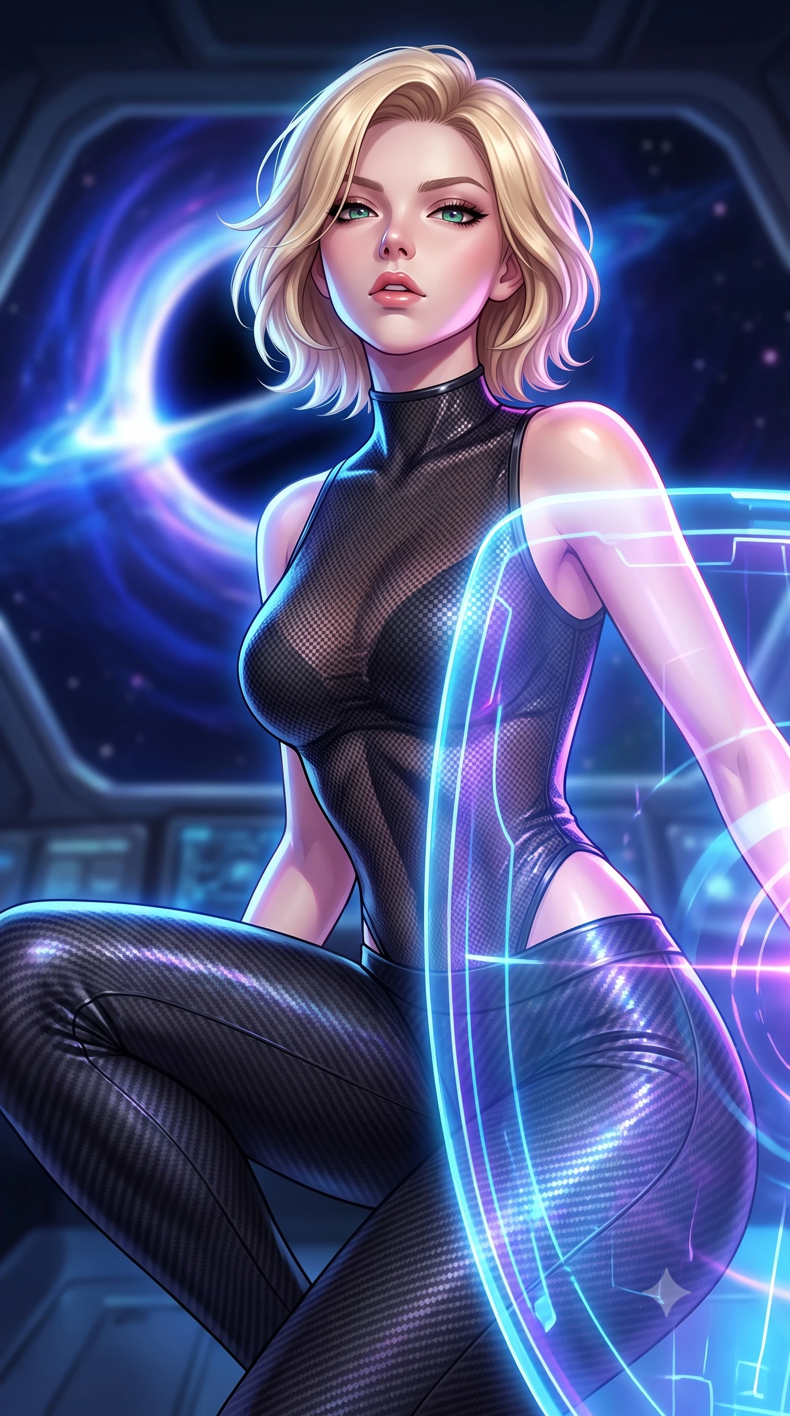 score_9, masterpiece, best quality, ultra-detailed, high-budget anime keyframe, editorial fashion photography, tasteful artistic composition, Caucasian woman. close-up cowboy shot from the waist and thighs up, the character dominates the composition, filling the frame with her large presence, background elements kept in soft focus. crouching slightly behind a glowing holographic shield emitter, looking up with defiance and lips slightly parted, the background shows a soft-focus a citadel cockpit window view facing a black hole singularity in deep space. She has an exceptionally elegant, slender, and willowy female figure with an ultra-slim waist, a gracefully sculpted slender torso, and a refined silhouette. sharp v-shaped jawline, high-bridge nose, intricate jewel-like eyes with depth, thick eyelashes, glossy lips with a natural sheen. wearing a slim-fit body-hugging carbon-mesh mock-neck top paired with tight-fitting carbon-fiber leggings. intense blue and violet light ripples from the singularity casting reflections. highly saturated vibrant anime colors, detailed shading with soft gradients, rich glossy textures, high-contrast stereoscopic depth, volumetric dynamic lighting, master piece, 9:16 ratio