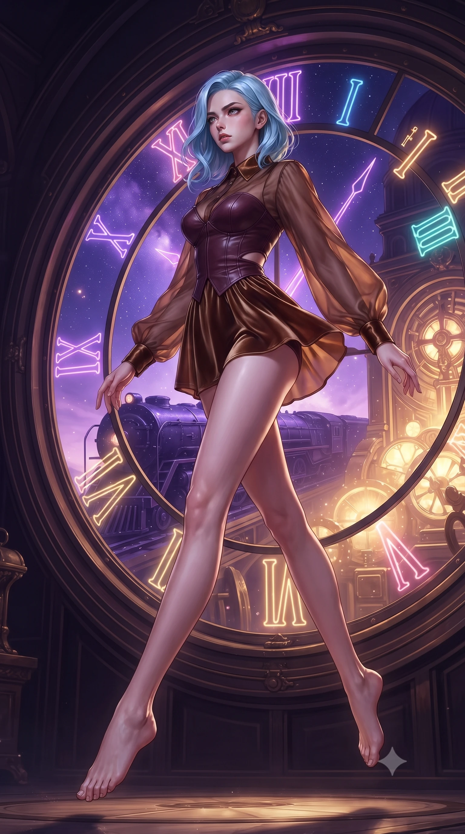 score_9, masterpiece, best quality, ultra-detailed, high-budget anime keyframe, editorial fashion photography, tasteful artistic composition, Korean woman. low angle full-body shot from head to toe showing her feet, filling the entire 9:16 vertical frame with her statuesque presence, stretching her vertical silhouette. leaping gracefully through the environment with statuesque elegance and long slender legs gazing out a massive circular clock window at a twilight galaxy express train, glowing neon clock numbers floating in the air with vintage elegancy. She has an absolutely perfect, statuesque 8.5-heads proportion, an exceptionally tall and slender model-like female figure with impossibly long slender legs and an ultra-slim waist. sharp v-shaped jawline, high-bridge nose, intricate jewel-like eyes with depth, thick eyelashes, glossy lips with a natural sheen. wearing a tailored leather bustier over a sheer silk chiffon blouse in deep burgundy and bronze, made of premium stretch velvet with a rich sheen, featuring clean architectural cutouts along her slender torso, the elegant draped fit framing her graceful clavicle and slender torso. lit by a contrast of deep violet sky and radiant golden mechanical light. highly saturated vibrant anime colors, detailed shading with soft gradients, rich glossy textures, high-contrast stereoscopic depth, volumetric dynamic lighting, master piece, 9:16 ratio