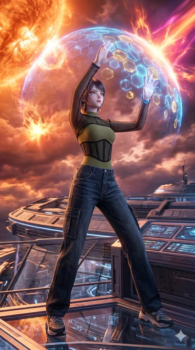 score_9, masterpiece, best quality, ultra-detailed, photorealistic 8k CG, hyper-detailed textures, ray-tracing, Japanese anime girl. Low angle cowboy shot capturing a powerful motion and statuesque presence. assembling a nano-shield to protect agains