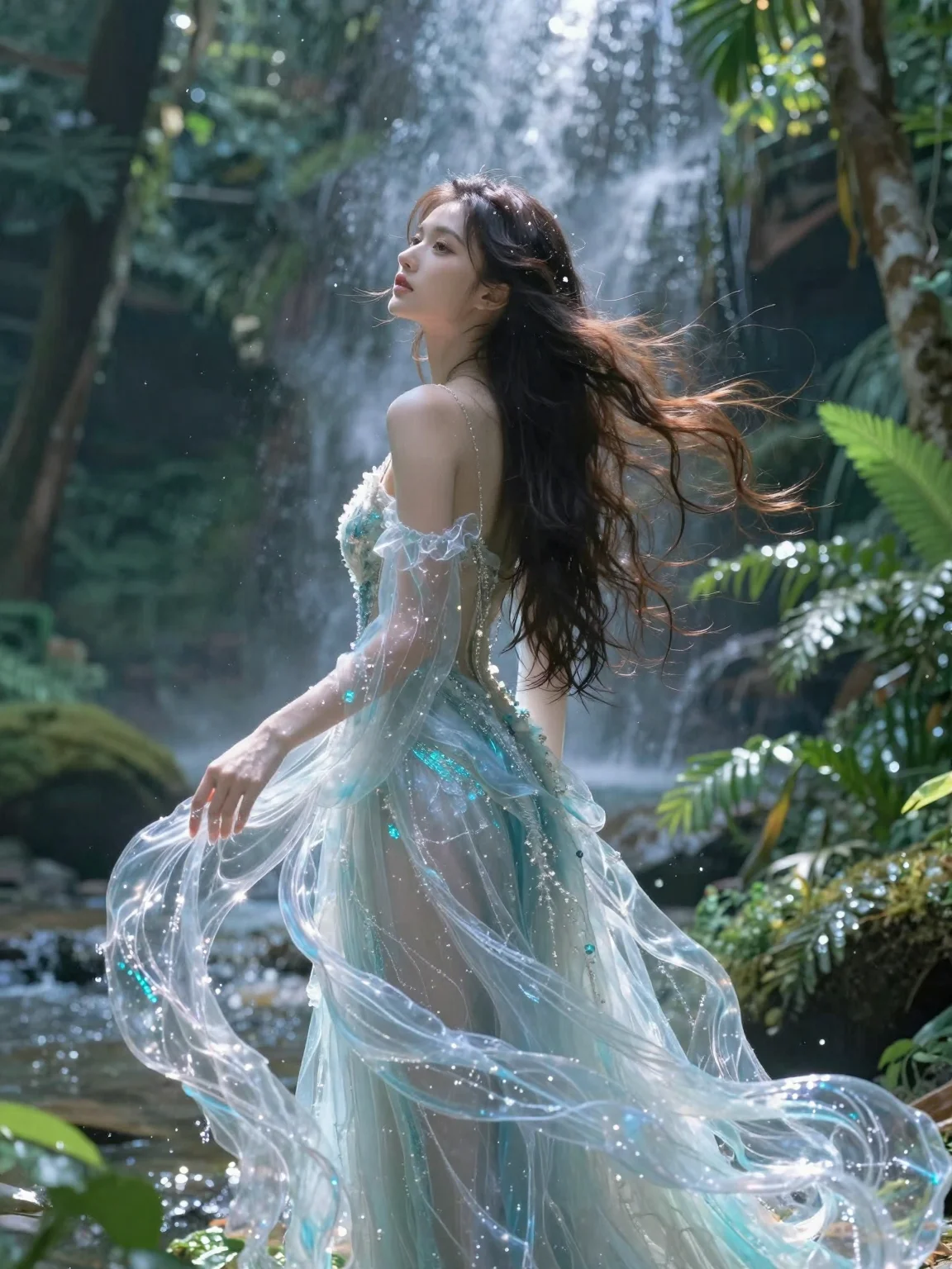 (masterpiece:1.2), best quality, water aesthetic, (1girl:1.3), breathtaking woman, hair like a waterfall, gown of flowing water, tropical jungle background, (ethereal glow:1.1), 2k, ultra detail, 3:4 ratio