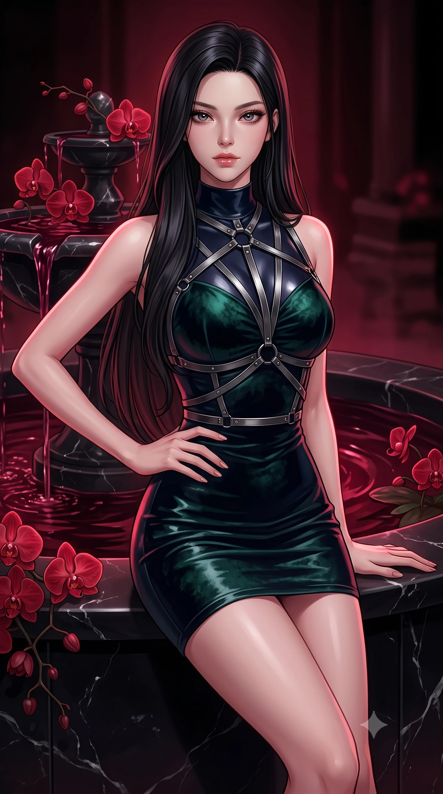 score_9, masterpiece, best quality, ultra-detailed, high-budget anime keyframe, editorial fashion photography, tasteful artistic composition, Korean woman. close-up cowboy shot from the waist and thighs up, the character dominates the composition, filling the frame with her large presence, background elements kept in soft focus. Holding a confident power pose with one hand on her hip, resting against a black marble fountain flowing with dark ruby-colored water, blooming red orchids casting subtle bioluminescent ruby highlights. She has an exceptionally elegant, slender, and willowy female figure with an ultra-slim waist, a gracefully sculpted slender torso, and a refined silhouette. sharp v-shaped jawline, high-bridge nose, intricate jewel-like eyes with depth, thick eyelashes, glossy lips with a natural sheen. wearing glove-like fit dark navy latex bodycon mini dress in deep emerald green, made of crushed dark silk velvet, highlighted by a gunmetal metallic harness structure, sculpting her athletic slender build with refined precision. bathed in rich dark crimson tones and deep pitch-black ambient shadows. highly saturated vibrant anime colors, detailed shading with soft gradients, rich glossy textures, high-contrast stereoscopic depth, volumetric dynamic lighting, master piece, 9:16 ratio