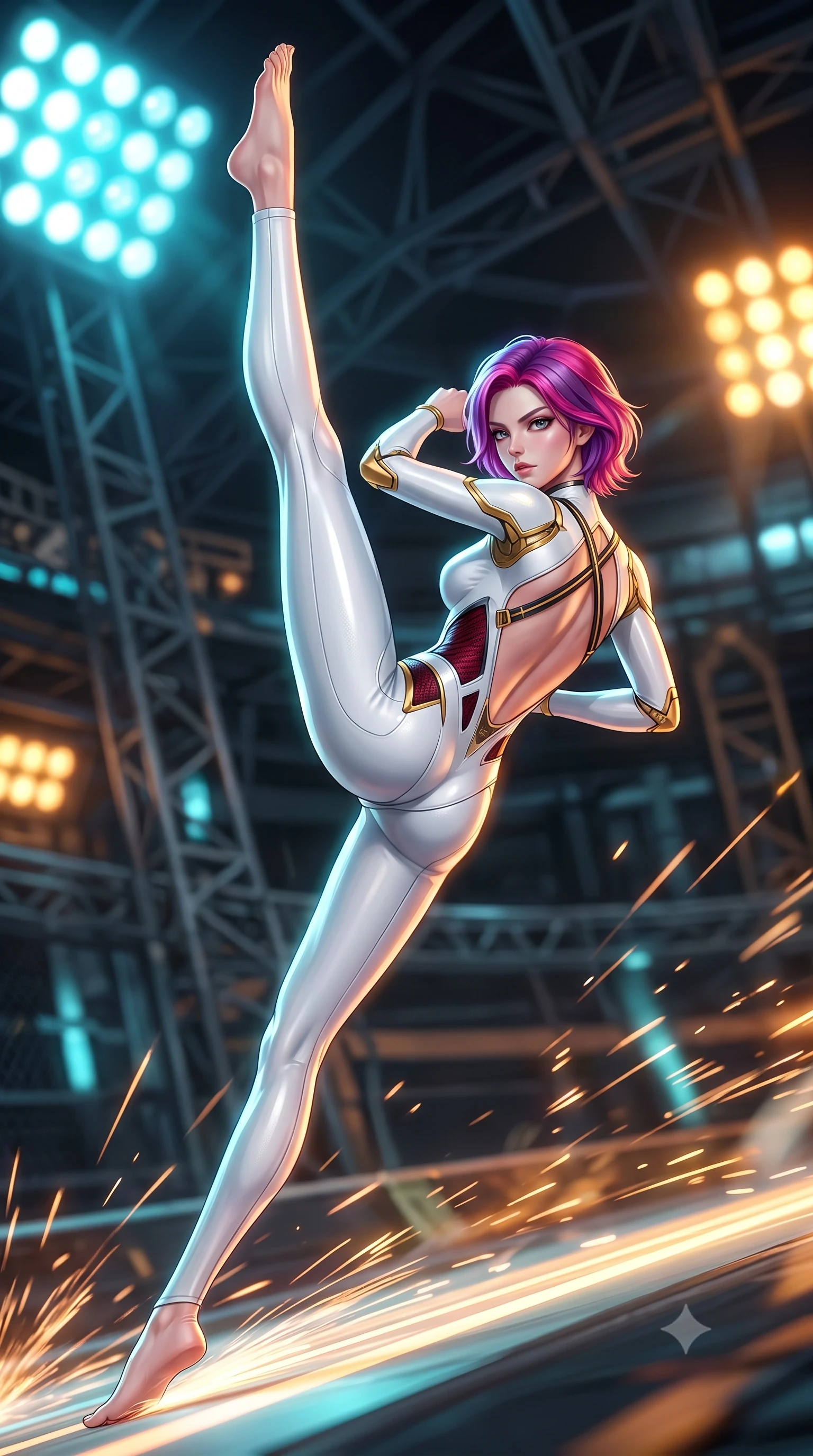 score_9, masterpiece, best quality, ultra-detailed, high-budget anime keyframe, semi-realistic 3D game render, editorial fashion photography, tasteful artistic composition, Caucasian woman. low angle full-body shot from head to toe showing her feet, filling the entire 9:16 vertical frame with her statuesque presence, stretching her vertical silhouette. executing a breathtaking zero-gravity high-kick with full 180-degree vertical extension, her impossibly long slender legs dominating the frame with razor-sharp poise while sliding along the banked track with effortless poise, her long slender legs extended in an agile low-profile drift. The composition keeps background elements in soft focus with creamy bokeh. massive industrial arena floodlights and streaking motorball sparks blurred into dazzling cyan, amber, and charcoal bokeh. She has an absolutely perfect, statuesque 8.5-heads proportion, an exceptionally tall and slender model-like female figure with impossibly long slender legs, a toned flat midriff, and an ultra-slim waist. sharp v-shaped jawline, high-bridge nose, intricate jewel-like eyes with depth, thick eyelashes, glossy lips with a natural sheen, flawlessly proportioned anatomical accuracy, strict slender model proportions, natural body alignment, perfectly sculpted long slender limbs, ultra-slim waistline, clean dynamic posture without body distortion. wearing a form-contouring arctic white carbon-composite martial arts leotard with solar gold articulation joints and diagonal midriff vents in deep crimson carbon weave with specular dark chrome accents, made of liquid carbon-jersey fabric adhering flawlessly to her sculpted silhouette, complemented by criss-cross back harness straps highlighting her completely bare spine, the sleek second-skin cut tightly hugging her graceful clavicle, narrow waist, and feminine curves with athletic precision. bathed in vivid high-contrast amber and cyan arena floodlights with electric friction spark glints. rich saturated anime colors with glowing neon highlights, detailed shading with soft gradients, rich glossy textures, high-contrast stereoscopic depth, volumetric dynamic lighting, master piece, 9:16 ratio