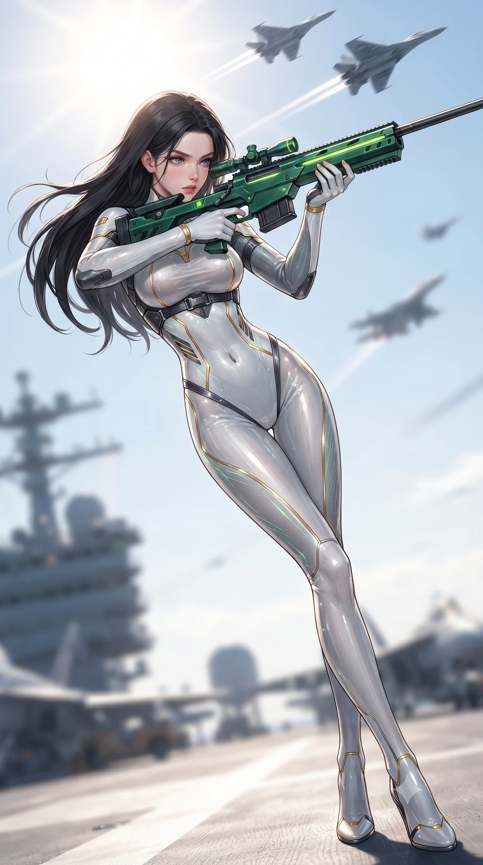 score_9, masterpiece, best quality, ultra-detailed, high-budget anime keyframe, editorial fashion photography, tasteful artistic composition, Korean woman. low angle full-body shot from head to toe showing her feet, filling the entire 9:16 vertical frame with her statuesque presence, stretching her vertical silhouette. arching her spine in a fluid zero-gravity combat turn with sovereign grace, her long slender legs and sculpted torso creating a sweeping line of power while arching her back in fluid poise as supersonic jet fighters streak overhead through brilliant high-altitude sunlight. The composition keeps background elements in soft focus with creamy bokeh. carrier deck catapult tracks and radar radomes softened in luminous shallow depth of field. She has an absolutely perfect, statuesque 8.5-heads proportion, an exceptionally tall and slender model-like female figure with impossibly long slender legs, a toned flat midriff, and an ultra-slim waist. sharp v-shaped jawline, high-bridge nose, intricate jewel-like eyes with depth, thick eyelashes, glossy lips with a natural sheen, flawlessly proportioned anatomical accuracy, strict slender model proportions, natural body alignment, perfectly sculpted long slender limbs, ultra-slim waistline, clean dynamic posture without body distortion. wearing a form-contouring arctic white carbon-composite battle-suit with solar gold trim and diagonal midriff vents, aiming a precision carbon-fiber railgun sniper rifle with divine focus in emerald green carbon composite with glowing lime laser channels, crafted from semi-translucent cybernetic carbon-vinyl interwoven with glowing micro-filaments, reinforced by a sleek titanium tactical harness and glowing micro-energy straps, the glove-like aerodynamic second-skin fit tightly clinging to her ultra-slender waist and athletic curves without adding bulk, accentuating her razor-sharp statuesque lines and slim hourglass silhouette. illuminated by crisp specular highlights tracing her sculpted collarbones, waistline, and long slender legs. ultra-reflective glossy finish, specular highlights, dark metallic sheen, high-contrast stereoscopic depth, volumetric dynamic lighting, 2k, ultra detail, master piece, 9:16 ratio