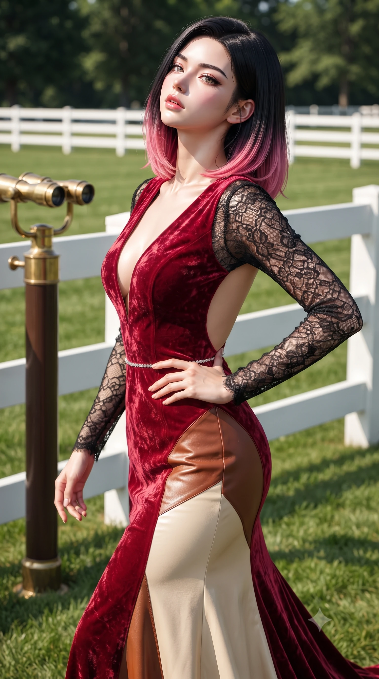 score_9, masterpiece, best quality, ultra-detailed, high-budget anime keyframe, editorial fashion photography, tasteful artistic composition, Korean woman. close-up cowboy shot from the waist and thighs up, the character dominates the composition, filling the frame with her large presence. tilting her chin up with proud, sovereign allure while gazing through thick eyelashes, one hand resting on her waist in pure supermodel charisma while striding across the sun-drenched private lawn with sovereign supermodel momentum, long slender legs and narrow waist commanding the scene. The surrounding environment is rendered in vivid detail and crisp panoramic clarity. sharp white wooden paddock rails, polished brass binocular hardware, and manicured turf grass blades in deep focus. She has an exceptionally elegant, slender, and willowy female figure with an ultra-slim waist, flat toned midriff, narrow ribcage, and sculpted feminine hips creating an alluring, slim hourglass silhouette without bulk. sharp v-shaped jawline, high-bridge nose, intricate jewel-like eyes with depth, thick eyelashes, glossy parted lips with a natural sheen, intensely captivating and seductive bedroom-eyes expression, flawlessly proportioned anatomical accuracy, strict slender model proportions, natural body alignment, perfectly sculpted long slender limbs, ultra-slim waistline, clean dynamic posture without body distortion. wearing a plunging-V neckline crushed crimson velvet opera gown with delicate black lace sleeves and bare back in rich equestrian cognac brown and crisp champagne cream, formed from supple second-skin lambskin leather with specular sheen, accented with a dainty diamond waist chain catching the ambient light reflections, the dramatically scooped open back descending to the base of her spine, accentuating her razor-sharp statuesque lines and slim hourglass silhouette. illuminated by sharp specular highlights carving her sculpted collarbones, flat toned midriff, and rounded hips. ultra-reflective glossy finish, specular highlights, rich textural contrasts, high-contrast stereoscopic depth, volumetric dynamic lighting, 2k, ultra detail, master piece, 9:16 ratio
