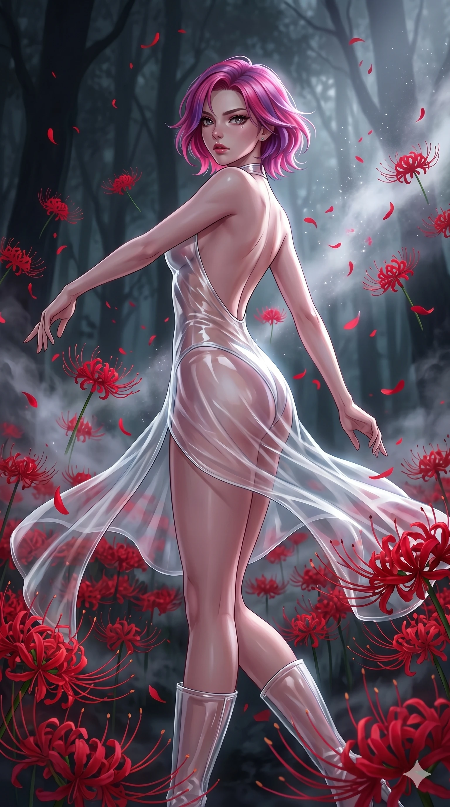 score_9, masterpiece, best quality, ultra-detailed, High-budget Anime Keyframe, East Asian woman. Low angle cowboy shot filling the entire 9:16 frame with her statuesque presence. Scenario 195: Dancing amidst falling red spider lilies in a misty dark forest. Her presence is magnetic and overpowering in this high-budget anime scene. Outfit 195: A translucent PVC bare with a backless design and tight-fitting silhouette. The clothing is designed to emphasize her exceptionally tall and slender 8-heads proportion. 8-heads proportion, towering silhouette, ultra-slim waist. sharp v-shaped jawline, intricate jewel-like eyes with depth, thick eyelashes, glossy lips. 2k, ultra detail, master piece, 9:16 ratio